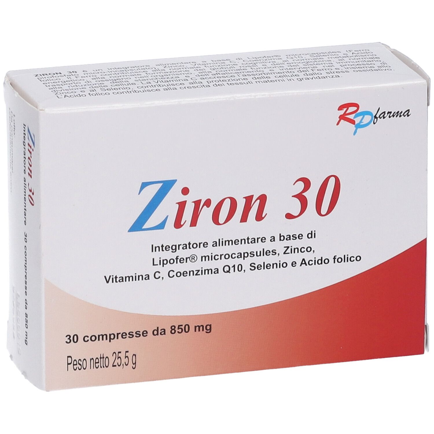 Scatola 'Ziron 30'. Scritto: 'Integratore alimentare'. Contiene 30 compresse.