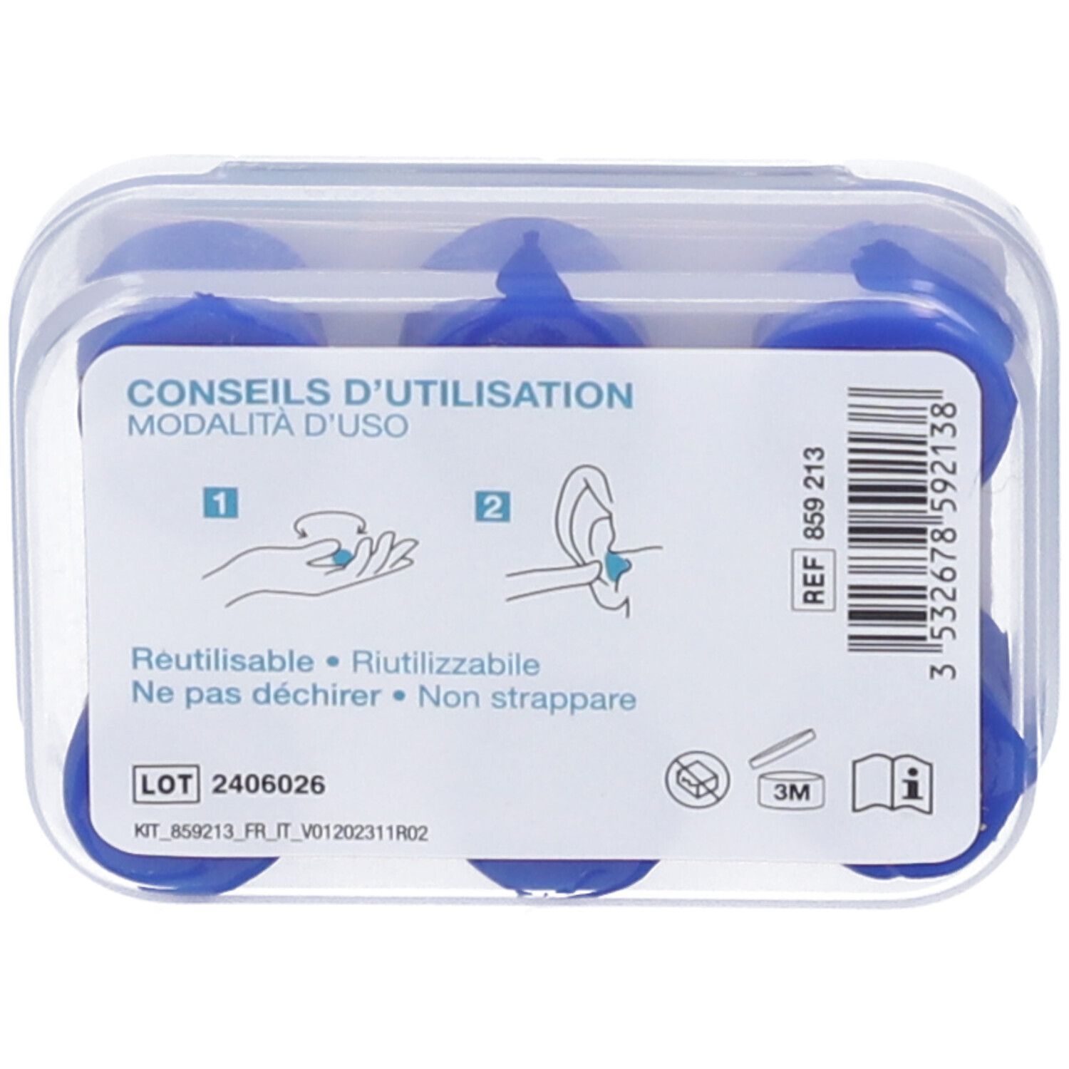 Retro della confezione con istruzioni. Testo: Modalità d'uso, riutilizzabile.