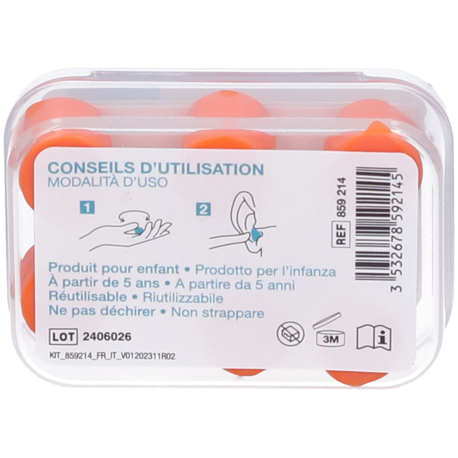 Confezione trasparente con tappi per le orecchie arancioni. Scritta: Consigli d'uso, Prodotto per l'infanzia.