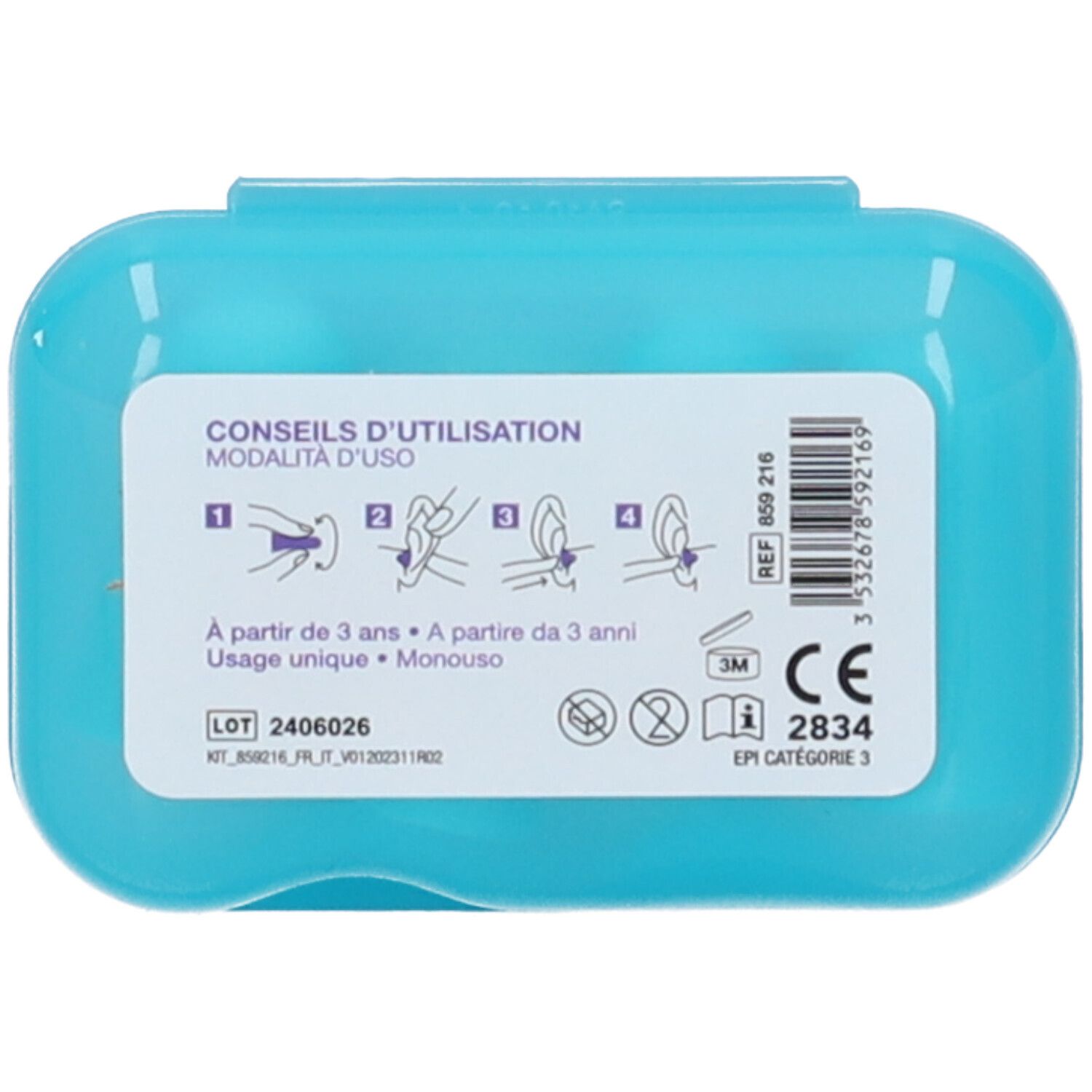 Scatola blu con istruzioni per l'uso. Simboli e testo: Modalità d'uso, a partire da 3 anni, marchio CE.