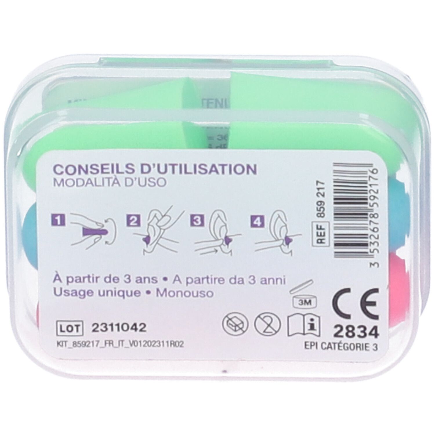Retro della scatola con istruzioni e marchio CE. Contiene tappi per le orecchie colorati. Testo: Conseils d'utilisation, a partire da 3 anni.