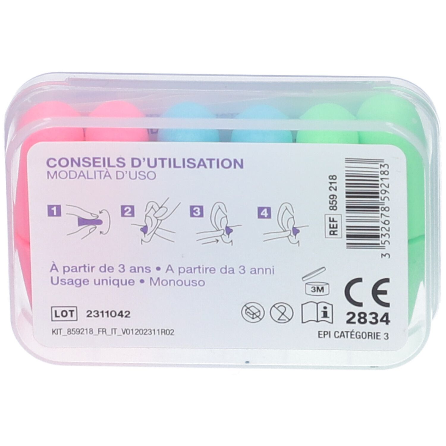 Scatola trasparente con tappi per le orecchie colorati. Scritta: CONSEILS D'UTILISATION. Pittogrammi per l'uso. Marchio CE.