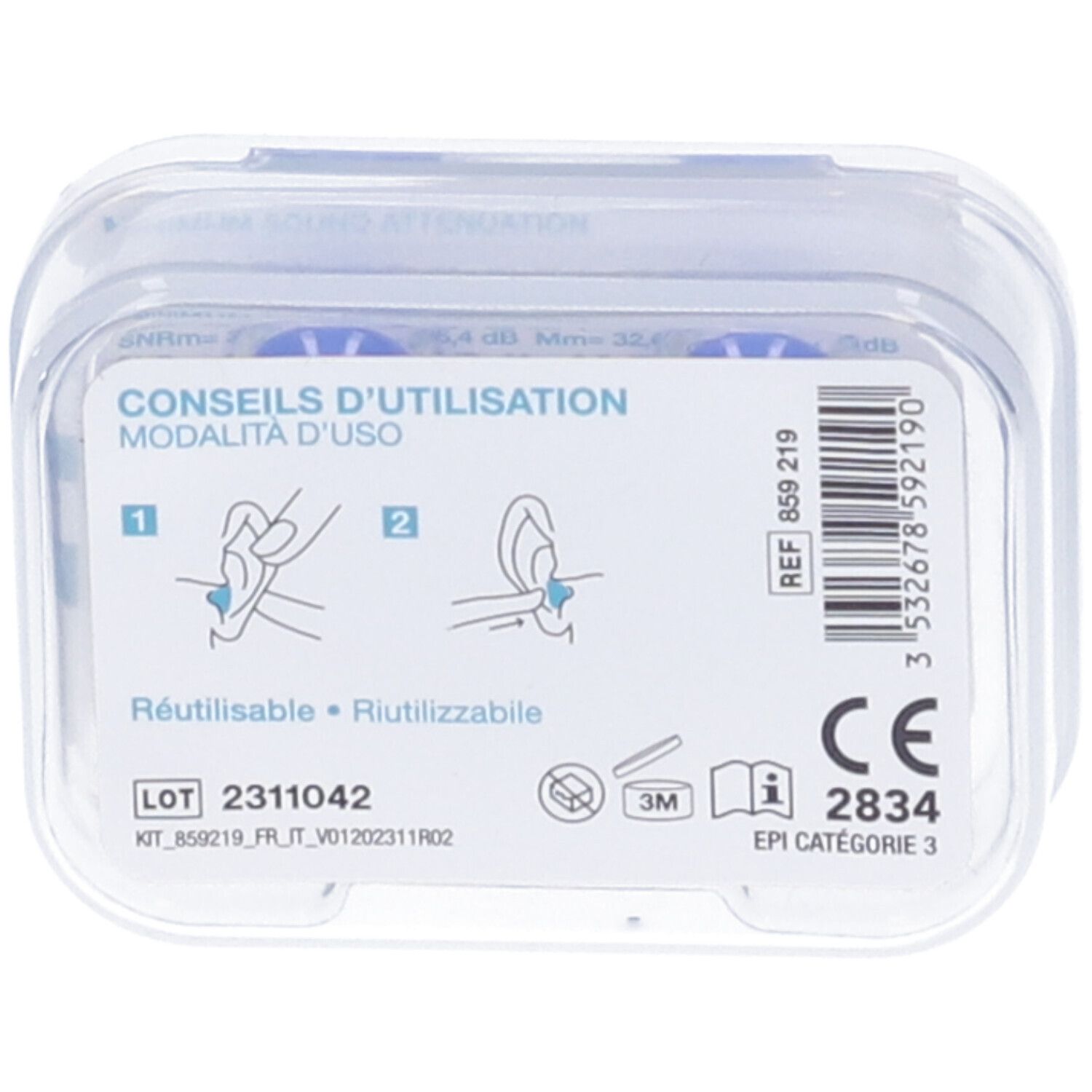 Scatola trasparente con tappi per le orecchie blu. Scritto: CONSEILS D'UTILISATION. Riutilizzabile. Marchio CE.
