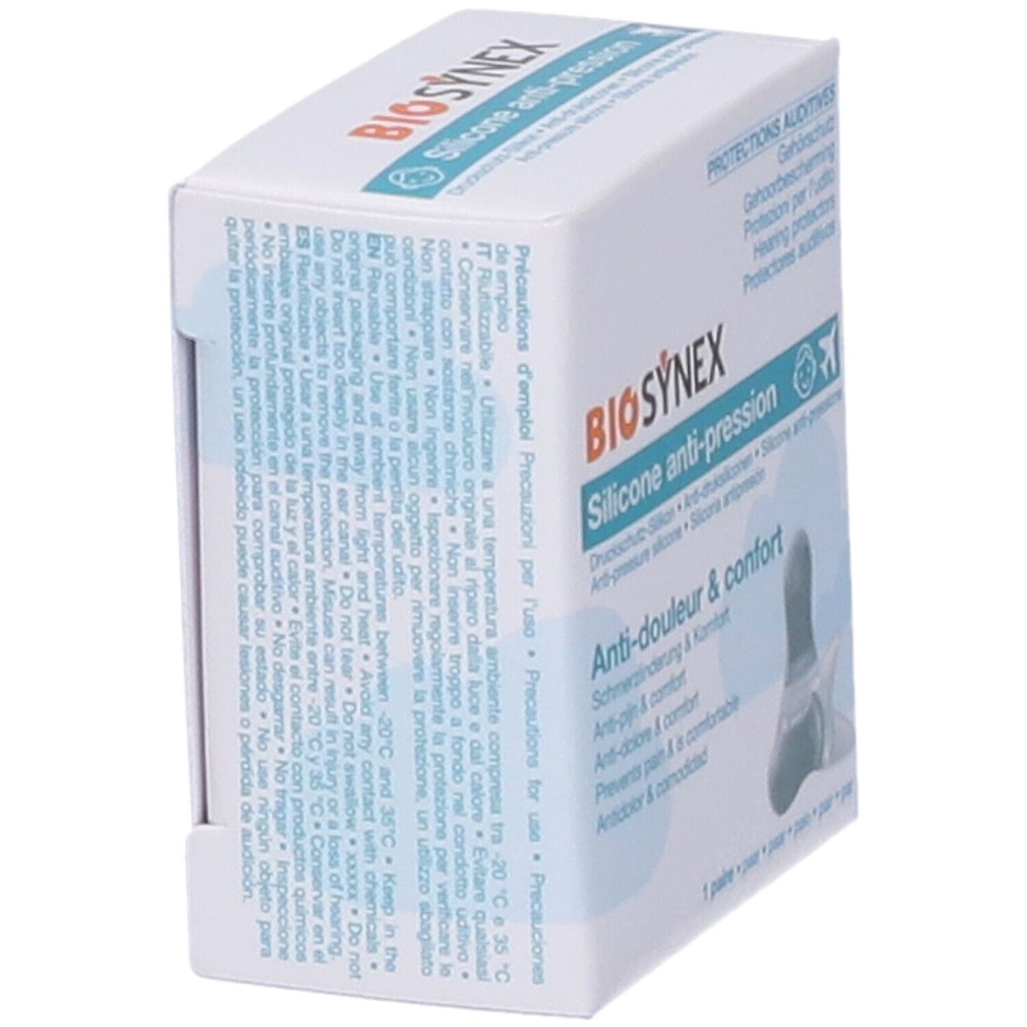 Vista laterale della confezione Biosynex Protezione Uditiva Altitudine Bambino. Testo: Silicone anti-pression, Precauzioni d'uso.