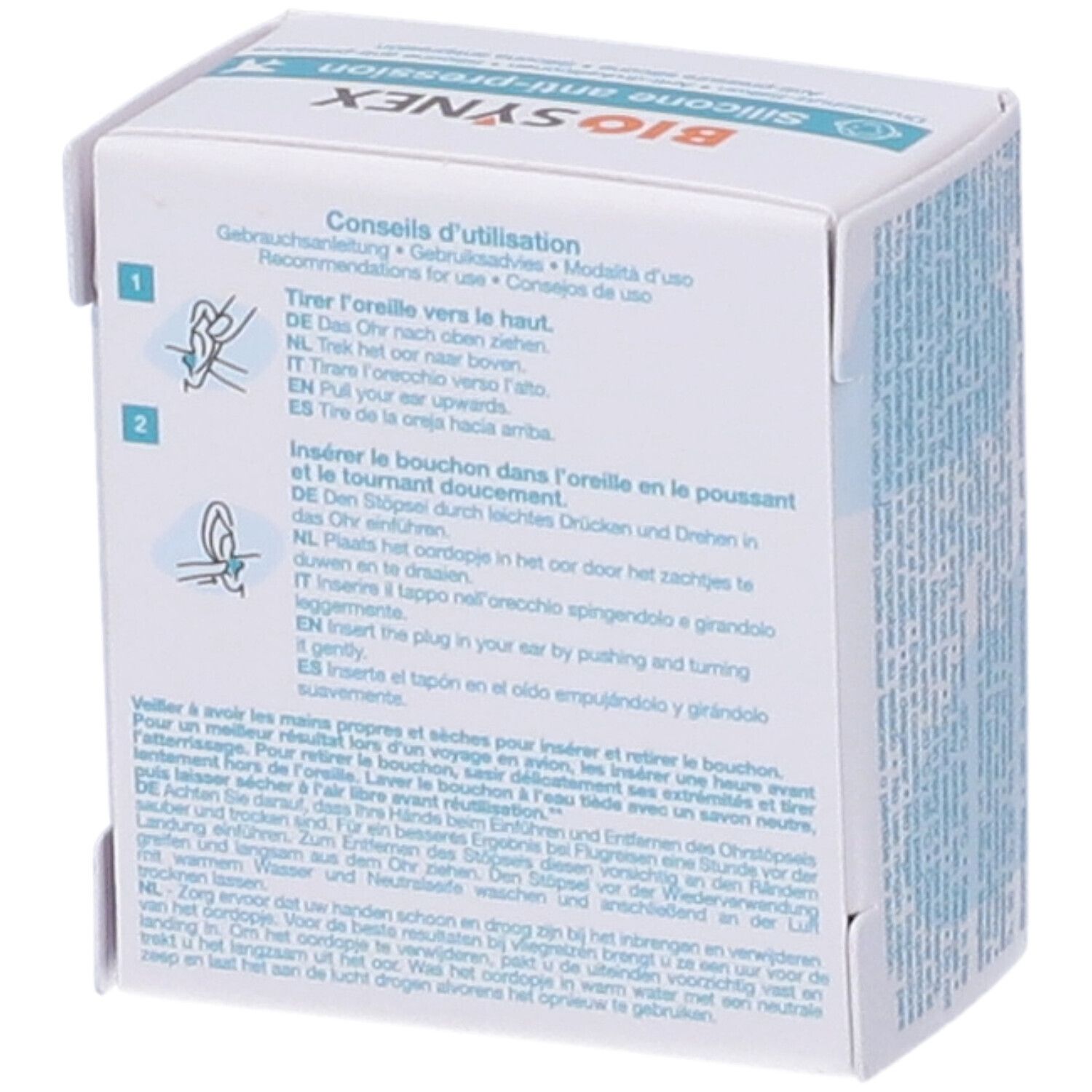 Retro della confezione Biosynex Protezione Uditiva Altitudine Bambino. Istruzioni per l'uso. Testo: Consigli per l'uso, Modello.