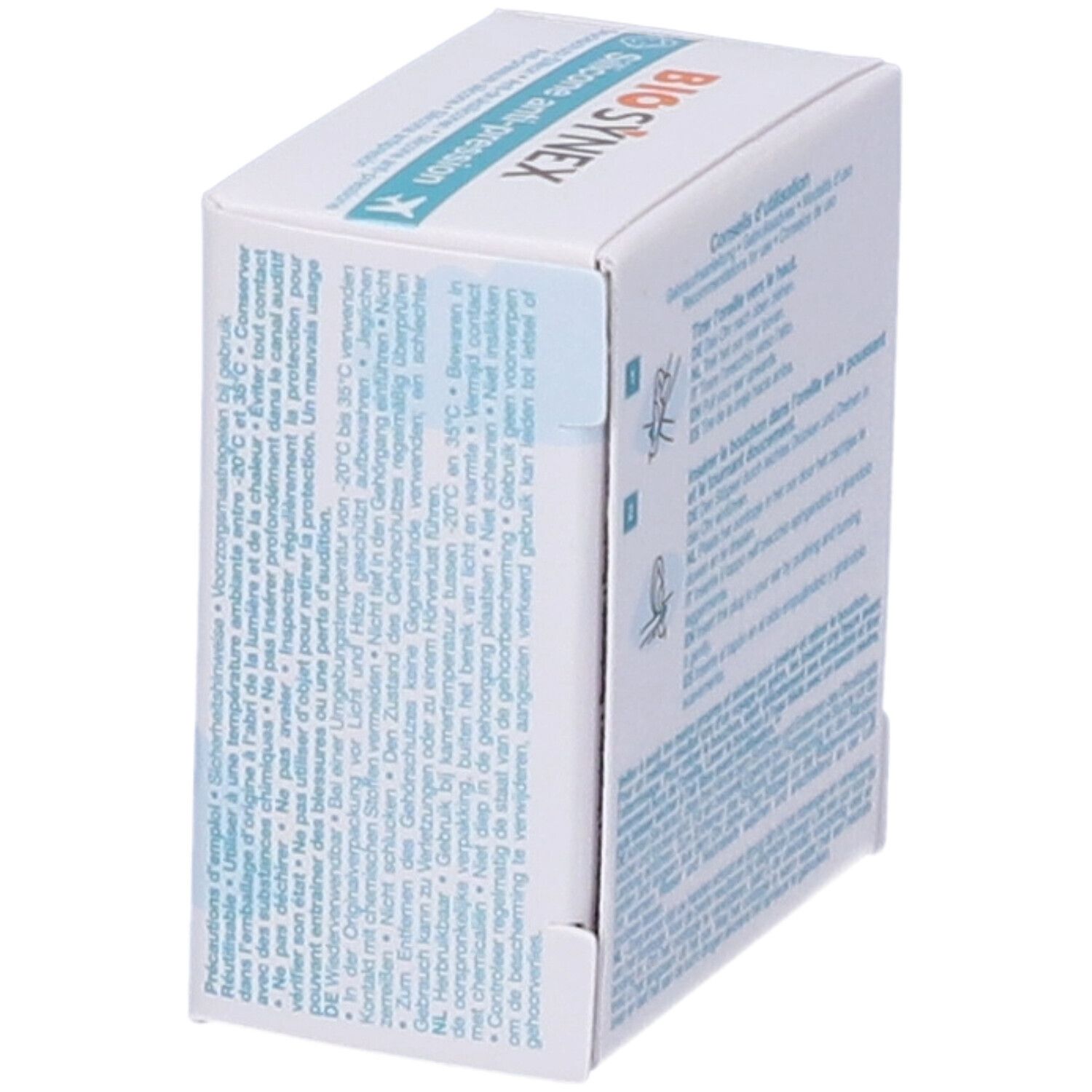 Vista laterale della confezione Biosynex Protezione Uditiva Altitudine Bambino. Testo: Silicone anti-pression, Precauzioni d'uso.