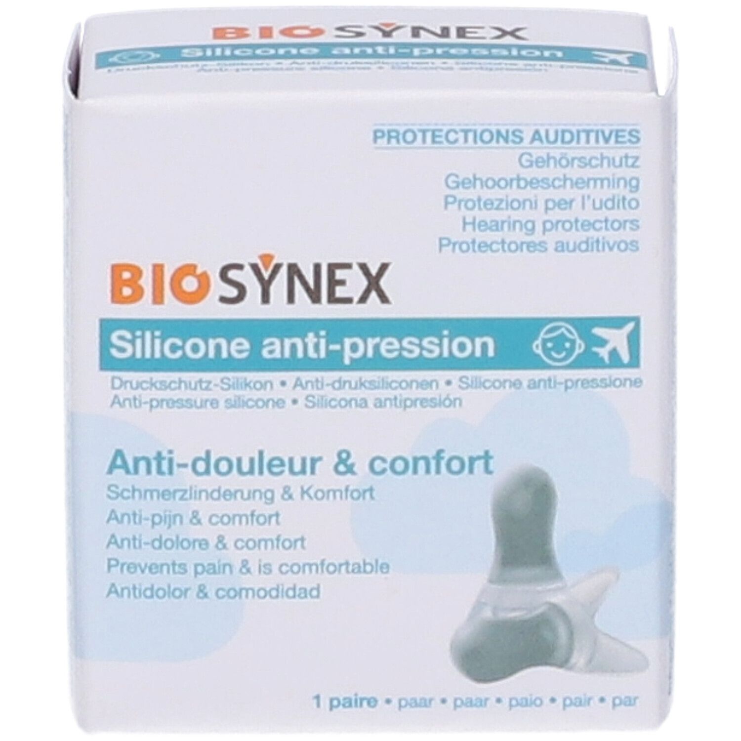 Confezione Biosynex Protezione Uditiva Altitudine Bambino. Contiene tappi per le orecchie. Testo: Silicone anti-pression, Anti-douleur & confort.