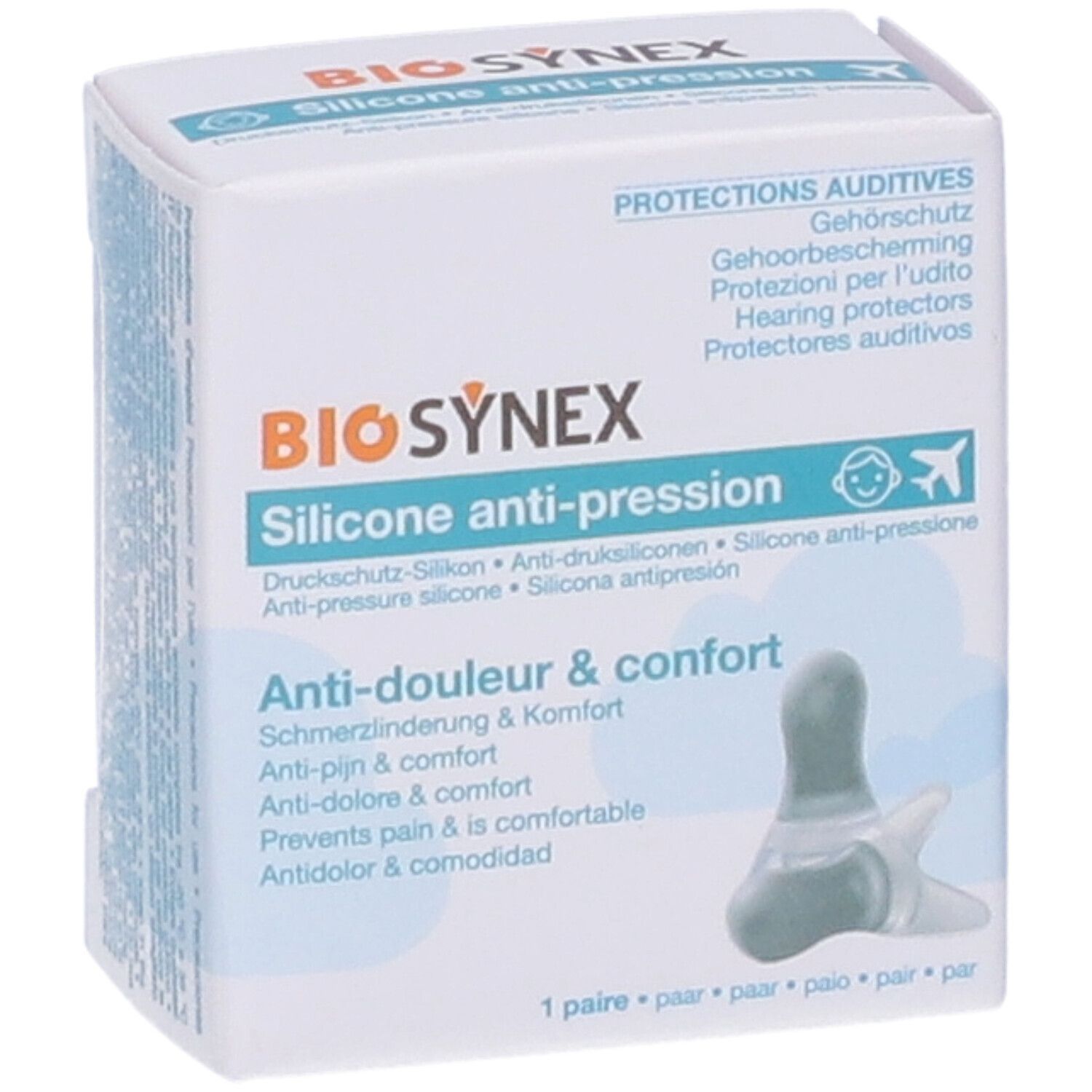 Confezione Biosynex Protezione Uditiva Altitudine Bambino. Contiene tappi per le orecchie. Testo: Silicone anti-pression, Anti-douleur & confort.