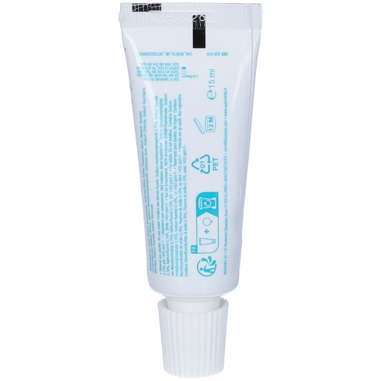 Retro del tubetto di dentifricio Superwhite. Tubetto bianco con informazioni e simboli. Contiene 15 ml.