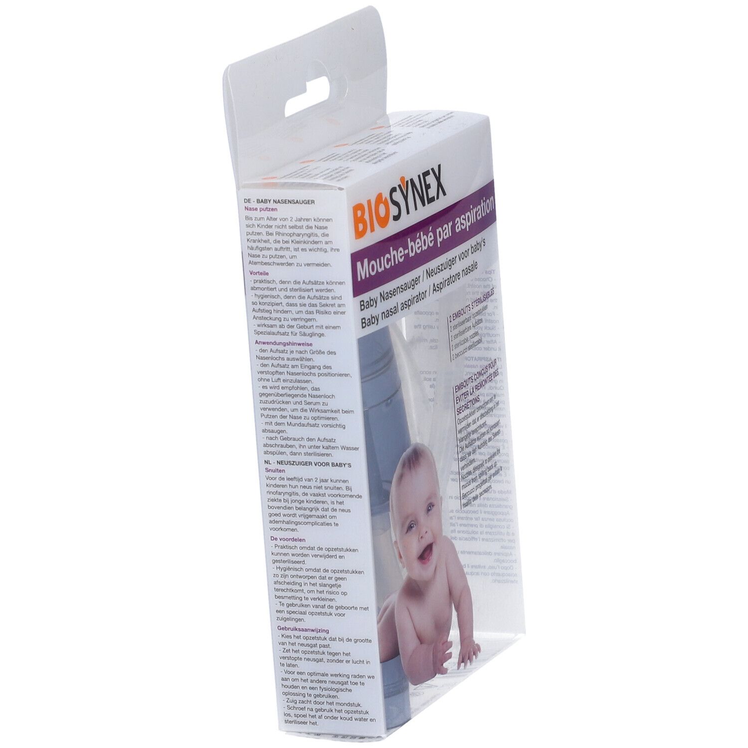 Vista angolata della confezione Biosynex. Aspiratore nasale per bambini. Testo e illustrazione.
