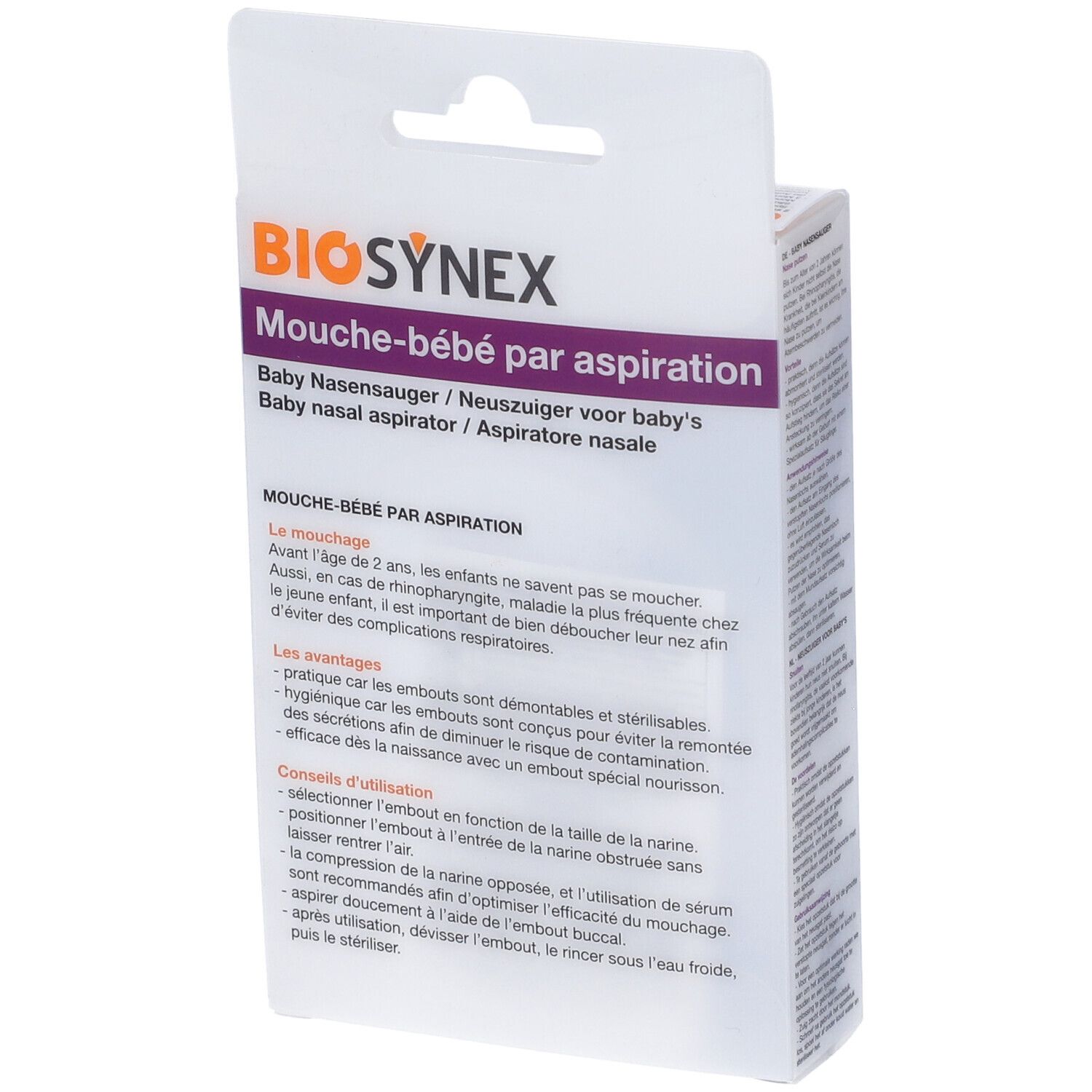 Retro della confezione Biosynex. Testo multilingue. Informazioni e vantaggi del prodotto.