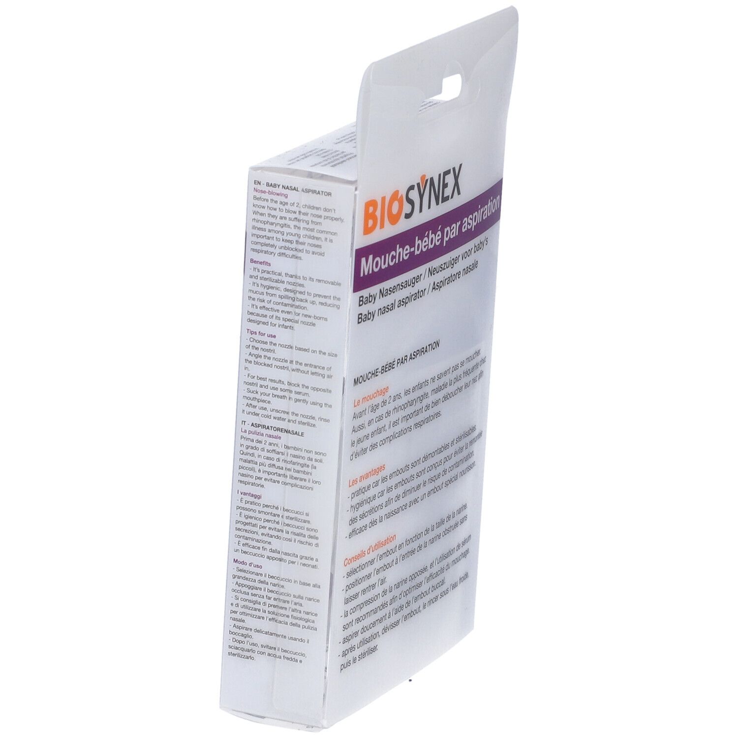 Vista laterale della confezione Biosynex. Testo multilingue. Informazioni sul prodotto.