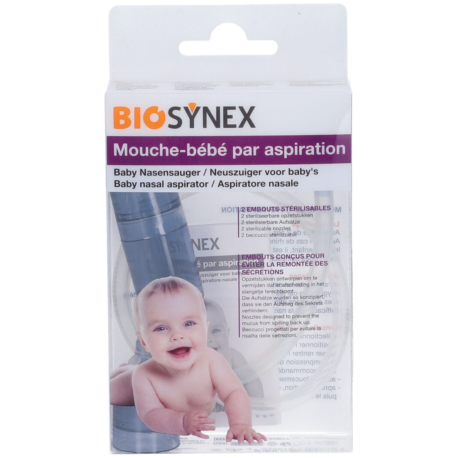Confezione Biosynex per aspiratore nasale per bambini. Illustrazione di un bambino e testo multilingue.