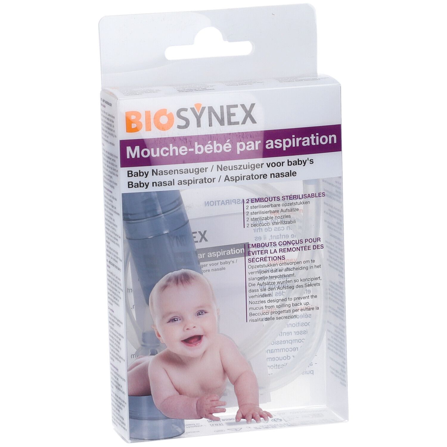 Confezione Biosynex per aspiratore nasale per bambini. Illustrazione di un bambino e testo multilingue.