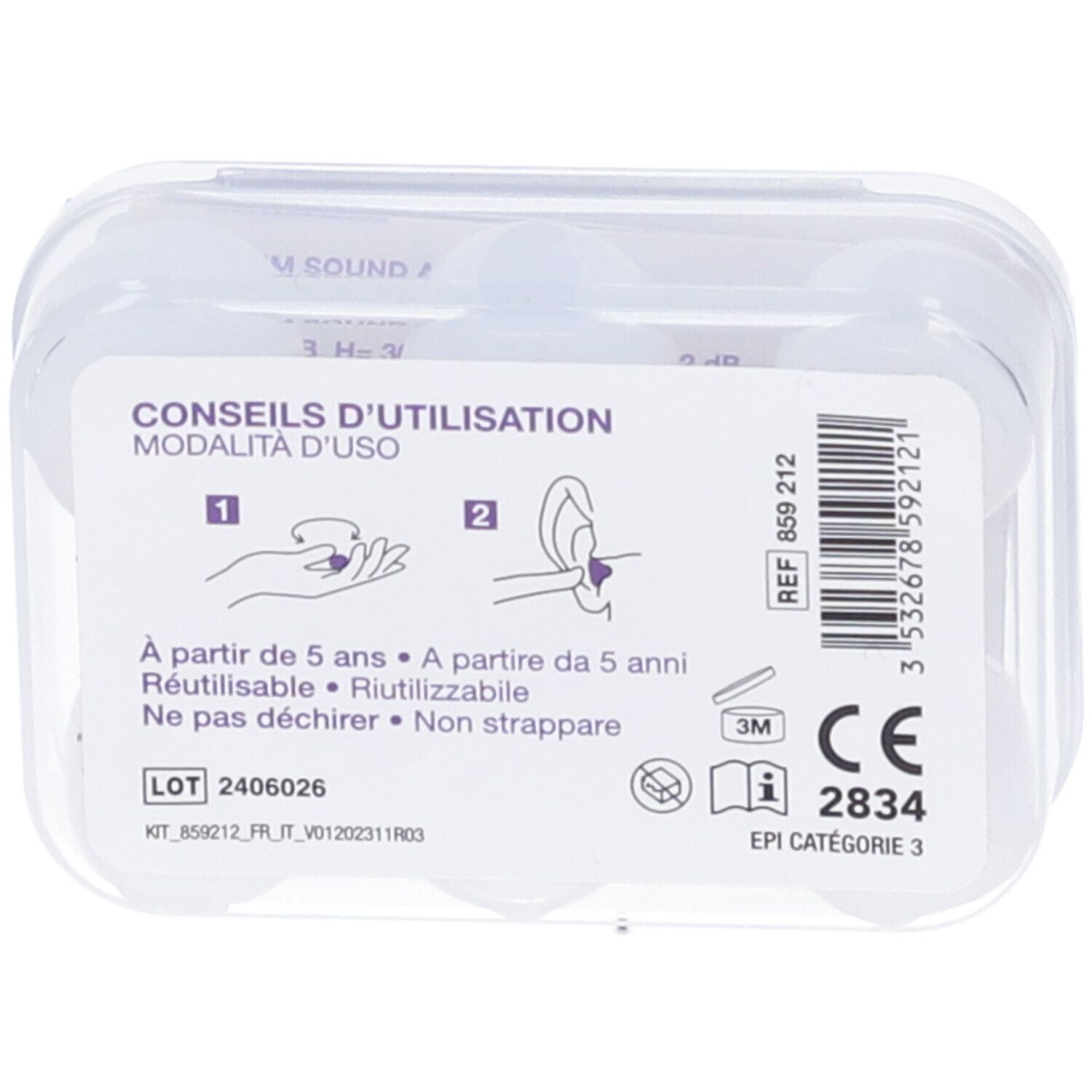 Scatola trasparente con tappi per le orecchie. Scritta: Istruzioni per l'uso, dai 5 anni, riutilizzabile. Marchio CE, numero di riferimento.