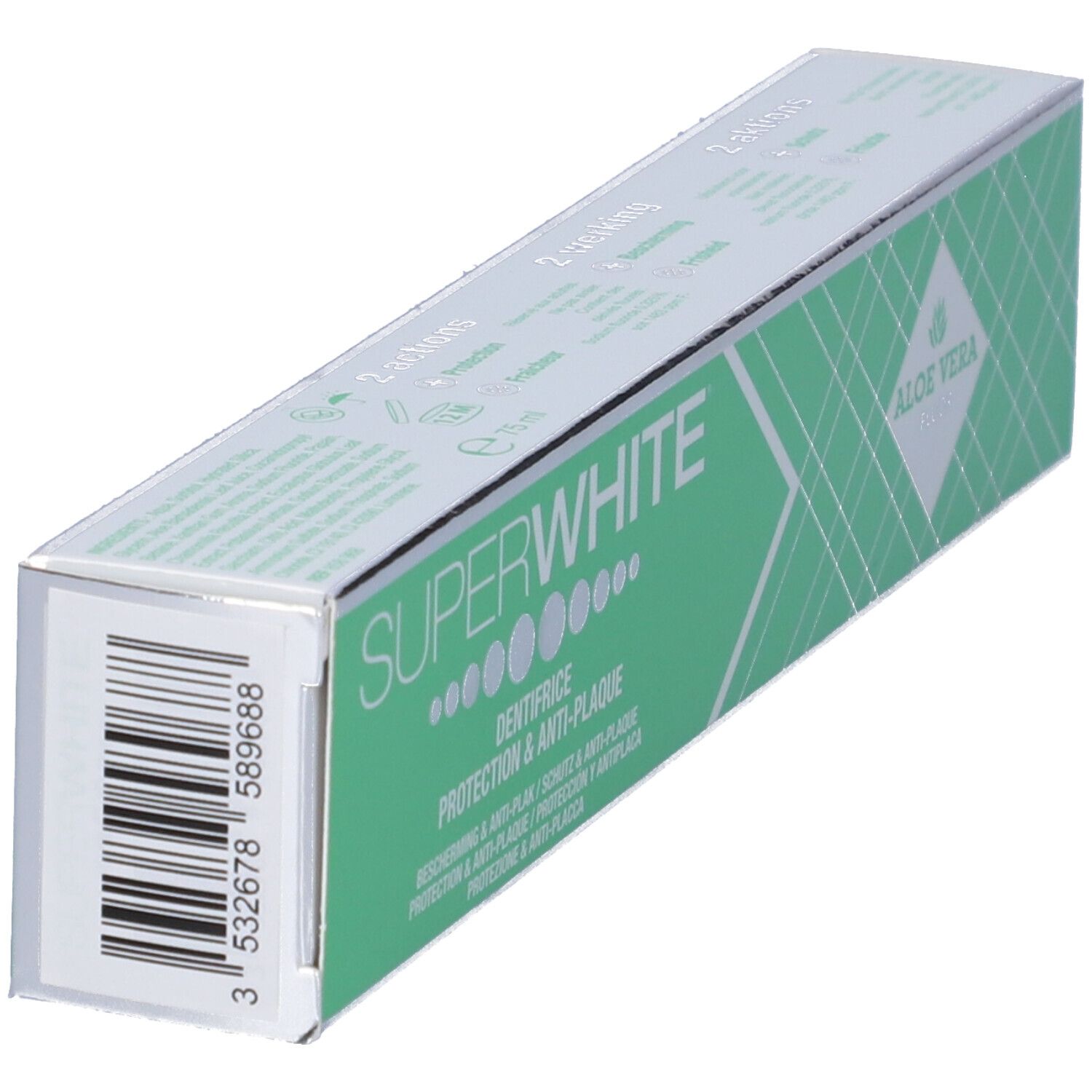 Confezione di dentifricio verde e argento. Testo: SUPERWHITE, DENTIFRICE, PROTECTION & ANTI-PLAQUE, ALOE VERA. Codice a barre.