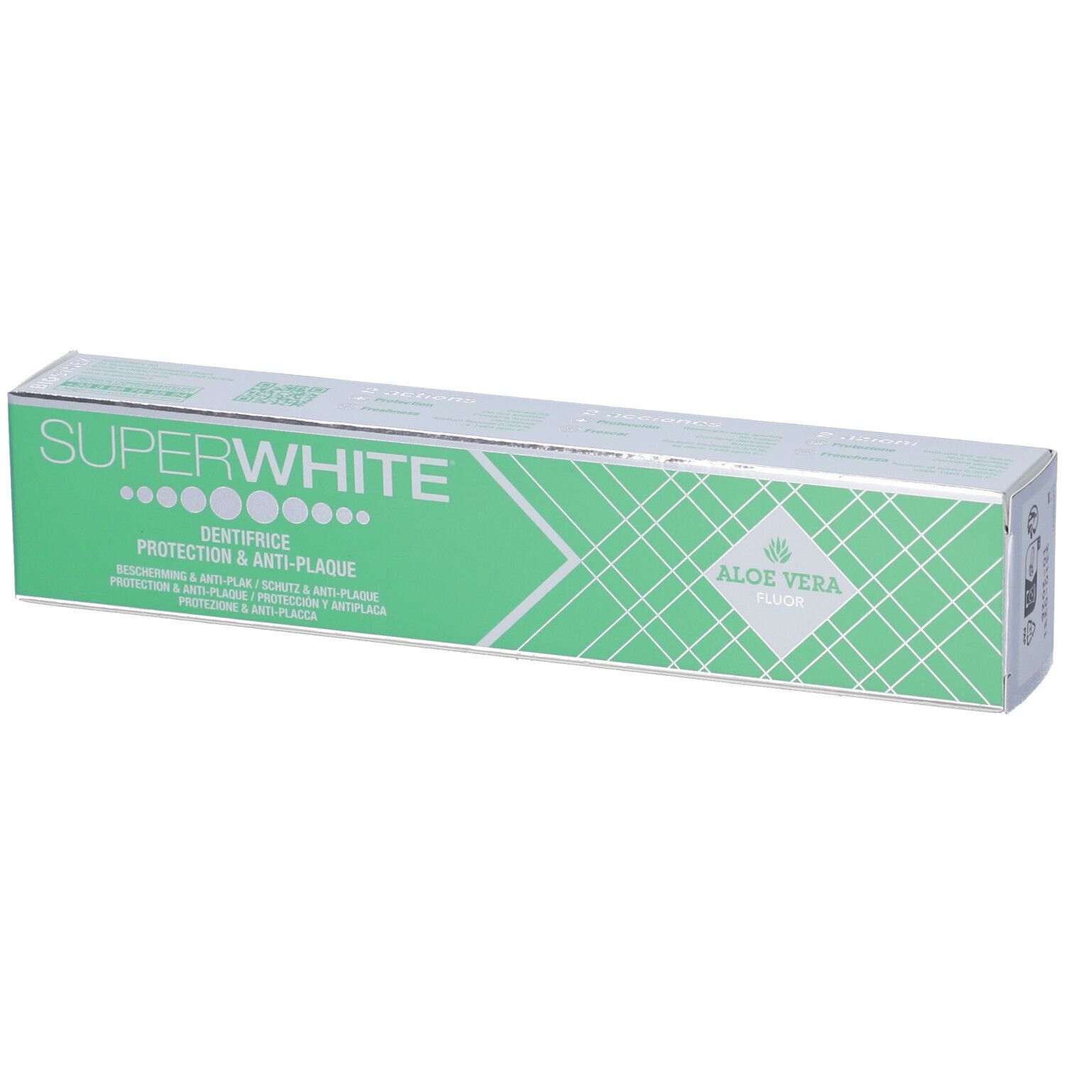 Confezione di dentifricio verde e argento. Testo: SUPERWHITE, DENTIFRICE, PROTECTION & ANTI-PLAQUE, ALOE VERA.