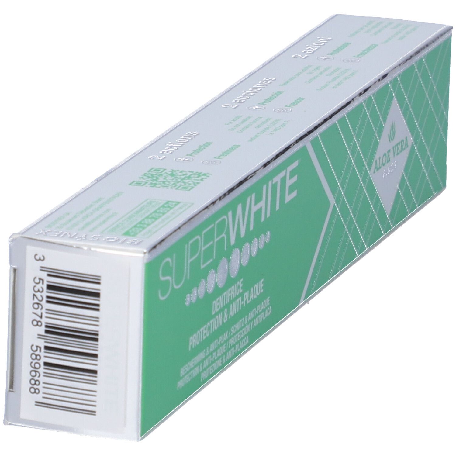 Confezione di dentifricio verde e argento. Testo: SUPERWHITE, DENTIFRICE, PROTECTION & ANTI-PLAQUE, ALOE VERA. Codice a barre.