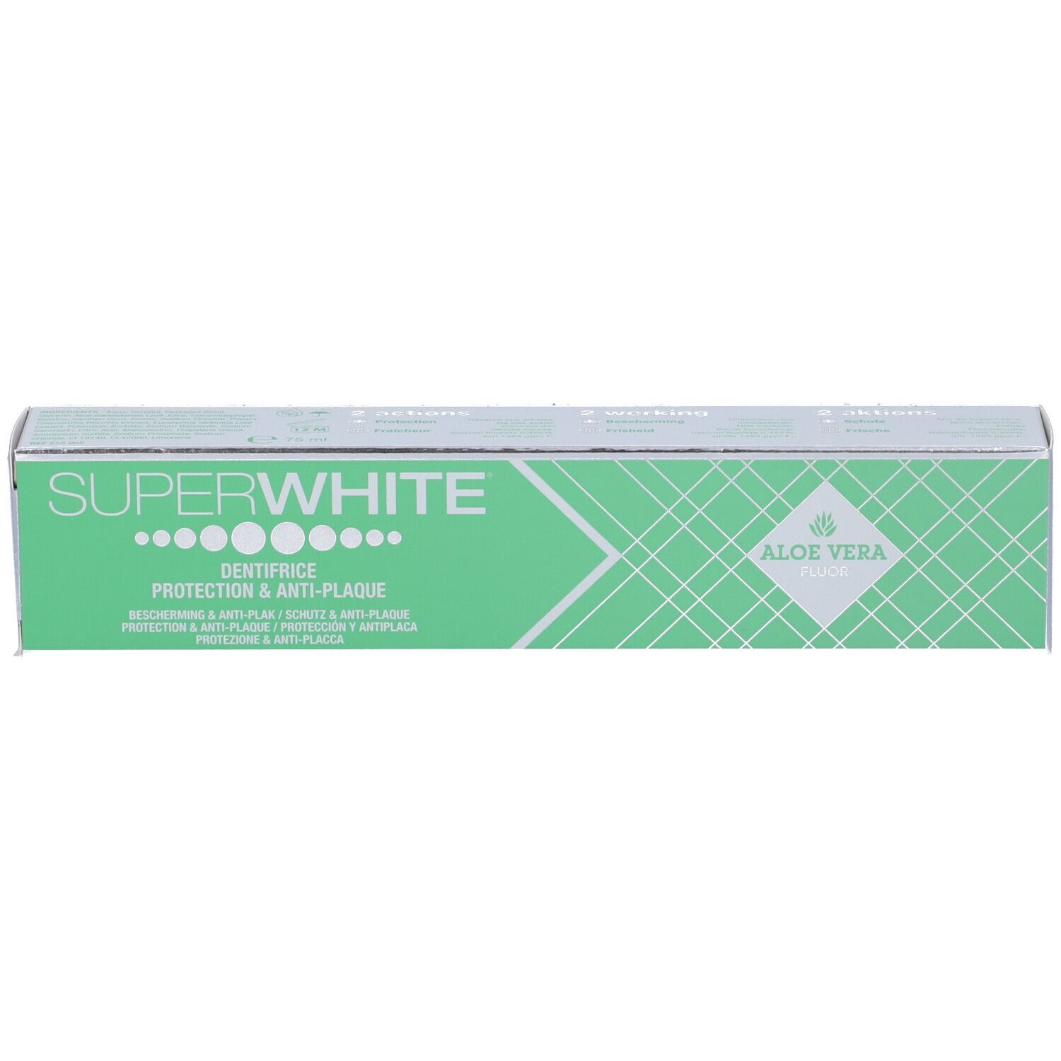 Confezione di dentifricio verde e argento. Testo: SUPERWHITE, DENTIFRICE, PROTECTION & ANTI-PLAQUE, ALOE VERA.
