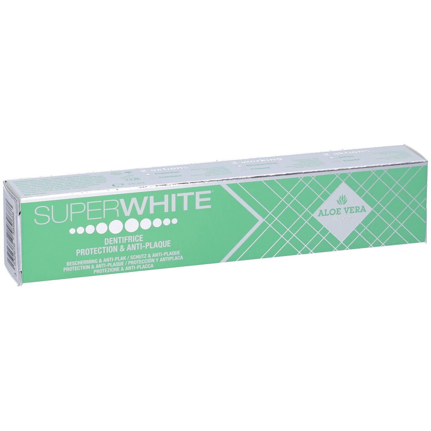 Confezione di dentifricio verde e argento. Testo: SUPERWHITE, DENTIFRICE, PROTECTION & ANTI-PLAQUE, ALOE VERA.