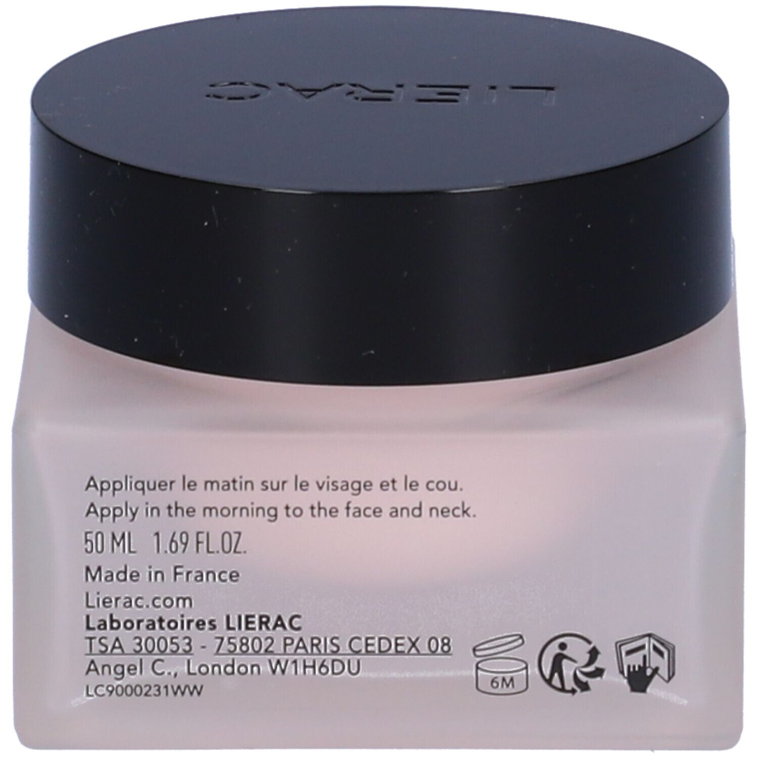 Vaso di crema con coperchio nero. Etichetta: LIERAC, Lift Integral, La Crème Jour Raffermissante.