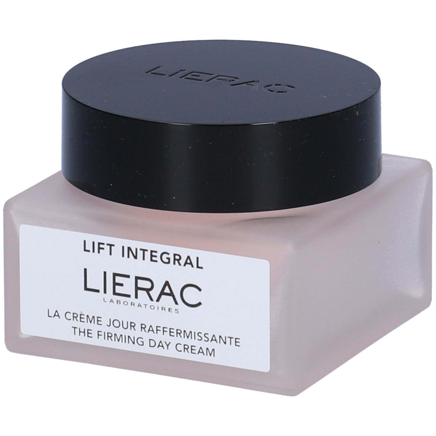 Vaso di crema con coperchio nero. Etichetta: LIERAC, Lift Integral, La Crème Jour Raffermissante.