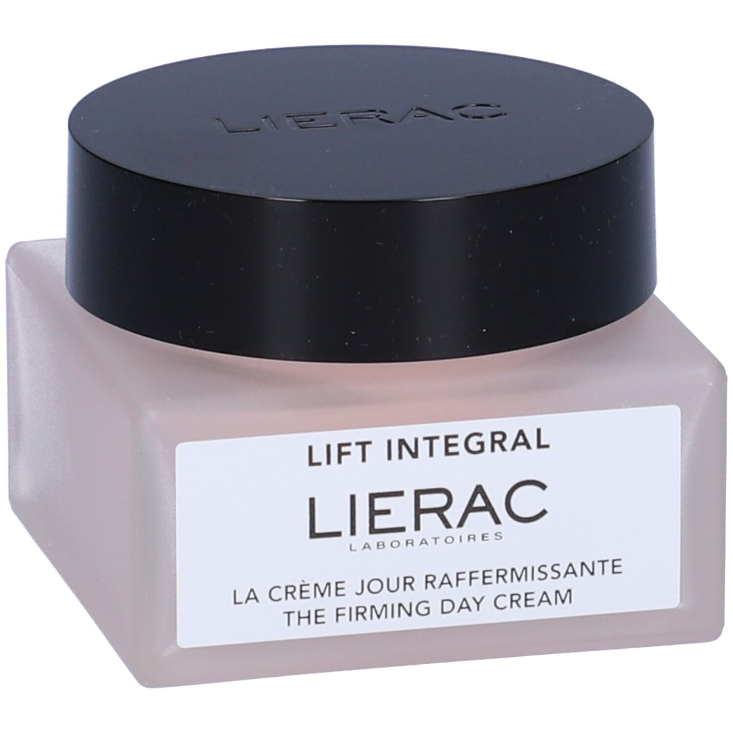 Vaso di crema con coperchio nero. Etichetta: LIERAC, Lift Integral, La Crème Jour Raffermissante.