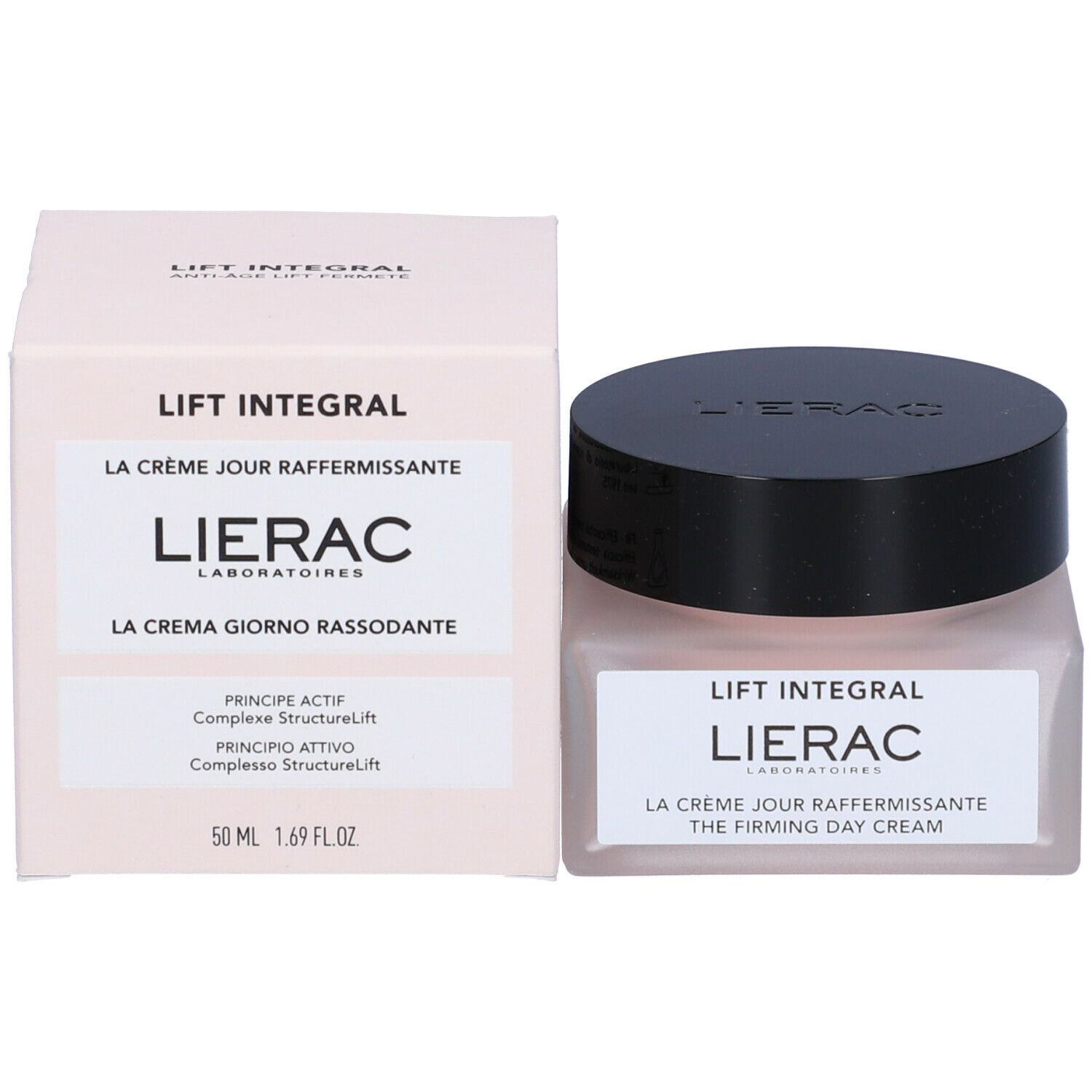 Vaso di crema e scatola. Sulla scatola: LIERAC, Lift Integral, La Crème Jour Raffermissante. 50 ml.