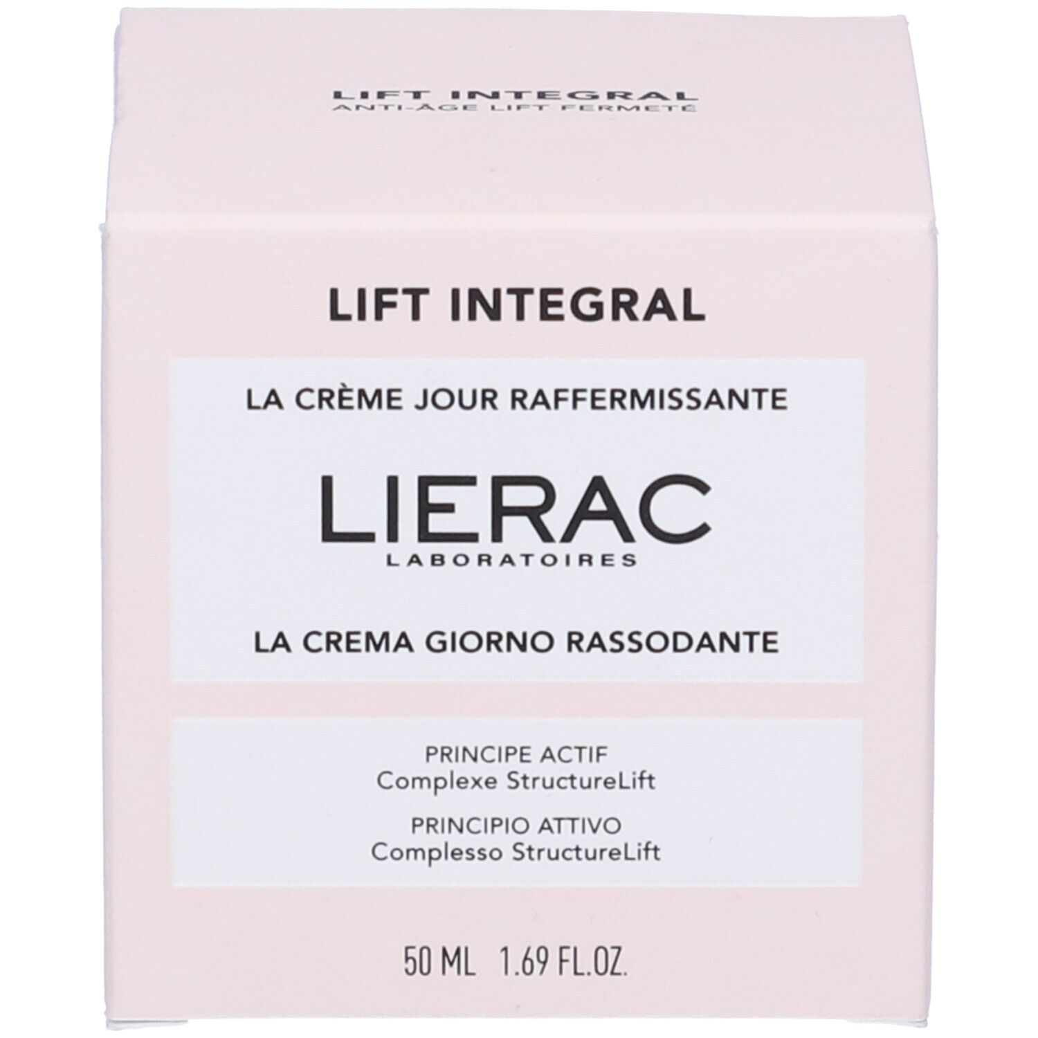 Scatola con informazioni sul prodotto. Sulla scatola: LIERAC, Lift Integral, La Crème Jour Raffermissante. 50 ml.