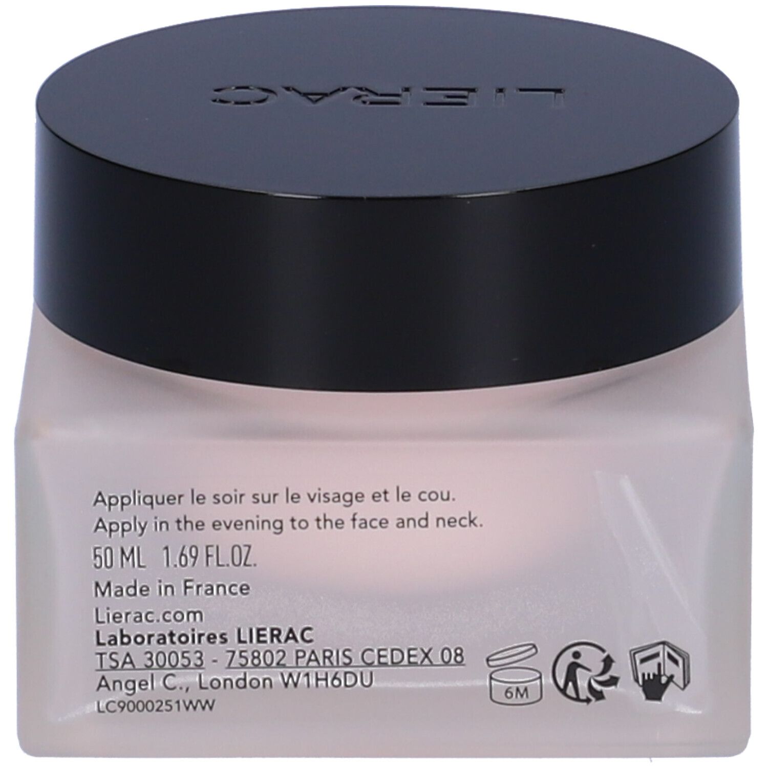 Vaso di crema con coperchio nero. Scritta: Lierac Lift Integral. Testo sul retro.