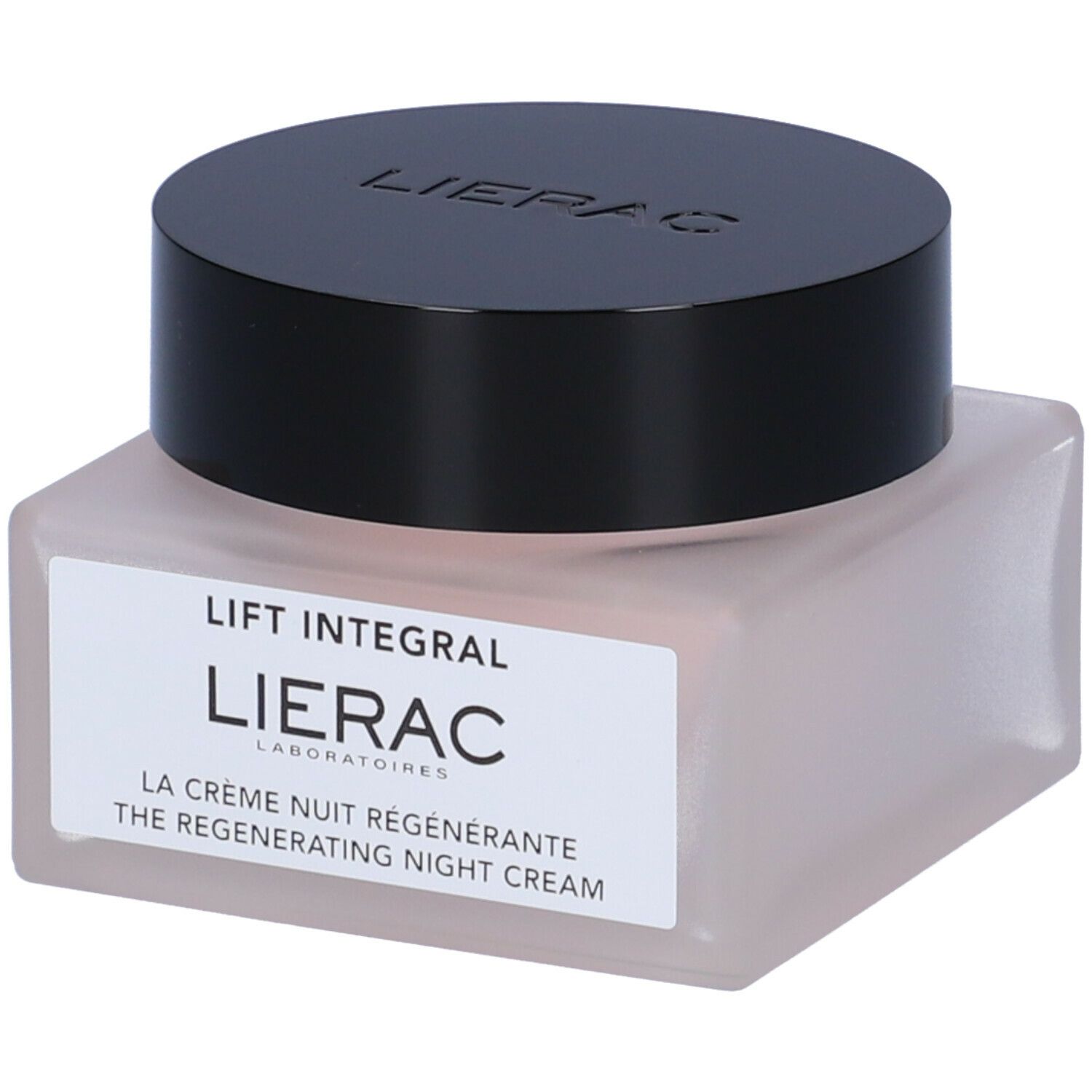 Vaso di crema con coperchio nero. Scritta: Lierac Lift Integral La Crème Nuit Régénérante.