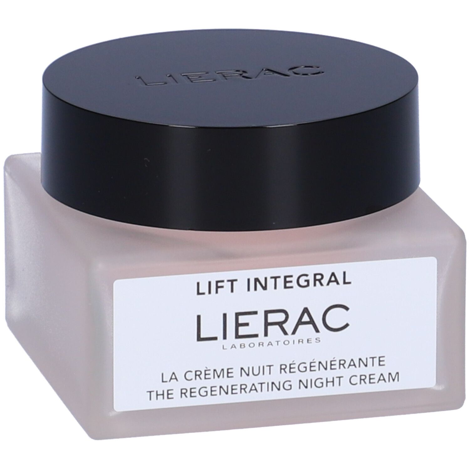 Vaso di crema con coperchio nero. Scritta: Lierac Lift Integral La Crème Nuit Régénérante.