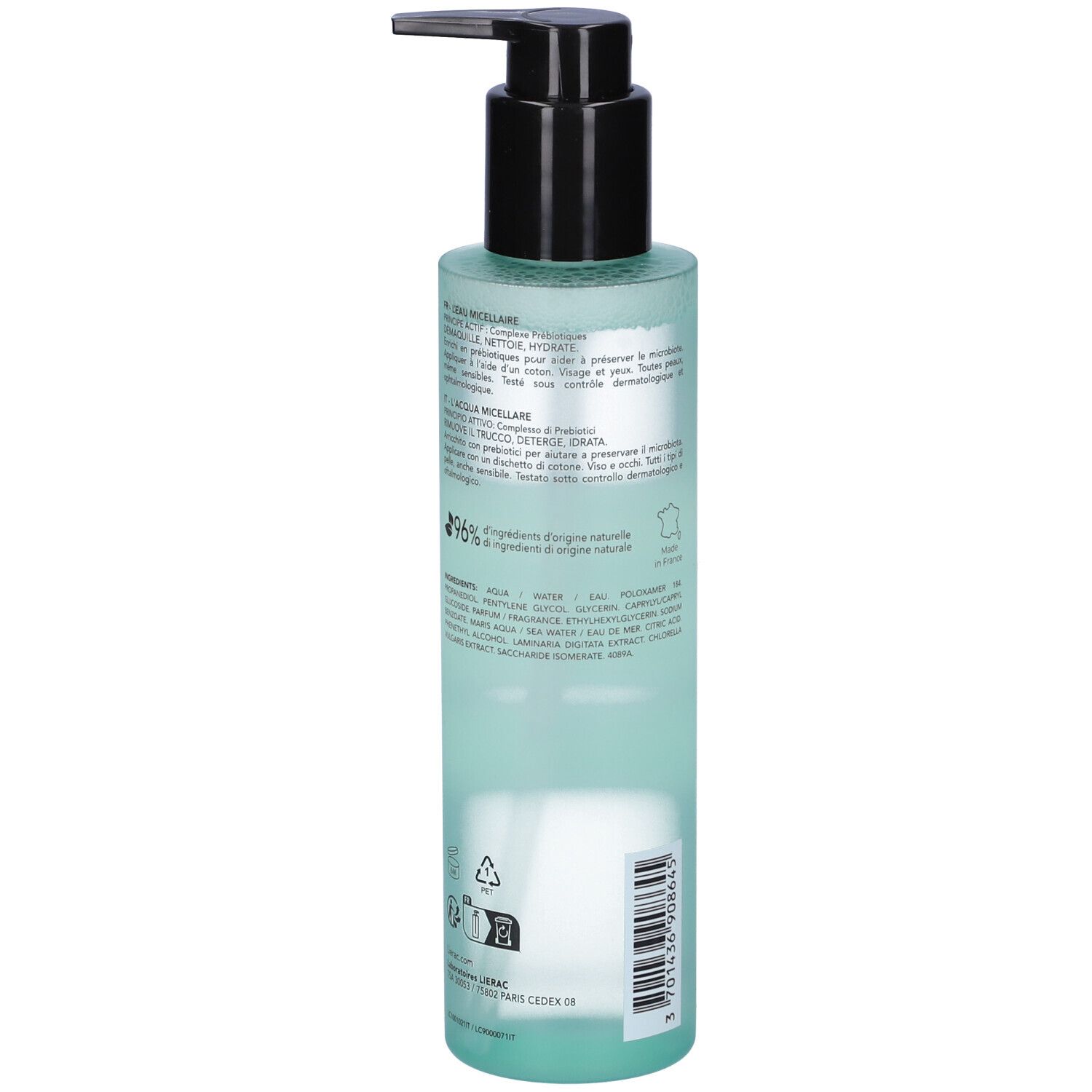 Flacone trasparente con dispenser a pompa, riempito di liquido blu. Contiene informazioni testuali.