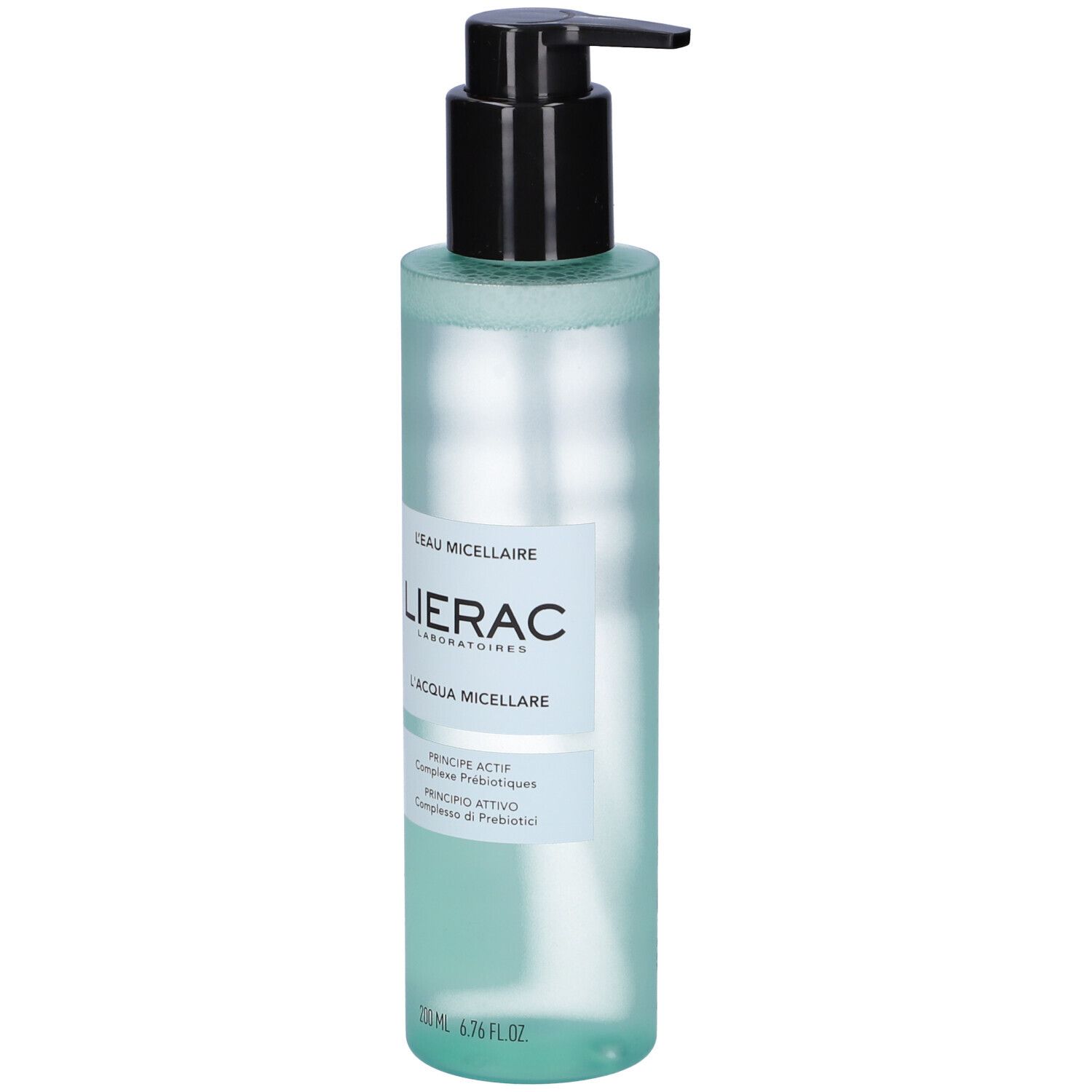 Lierac Acqua Micellare con dispenser a pompa. Liquido trasparente in flacone blu traslucido.