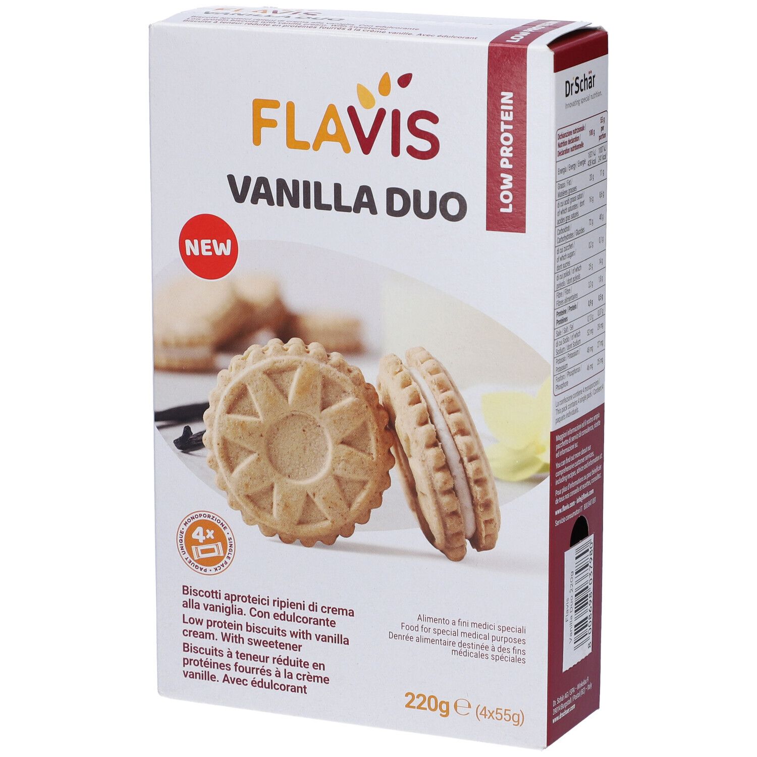 Confezione di Flavis Vanilla Duo. Biscotti rappresentati. Scritta: Low Protein, 220g. Con 'NEW'.
