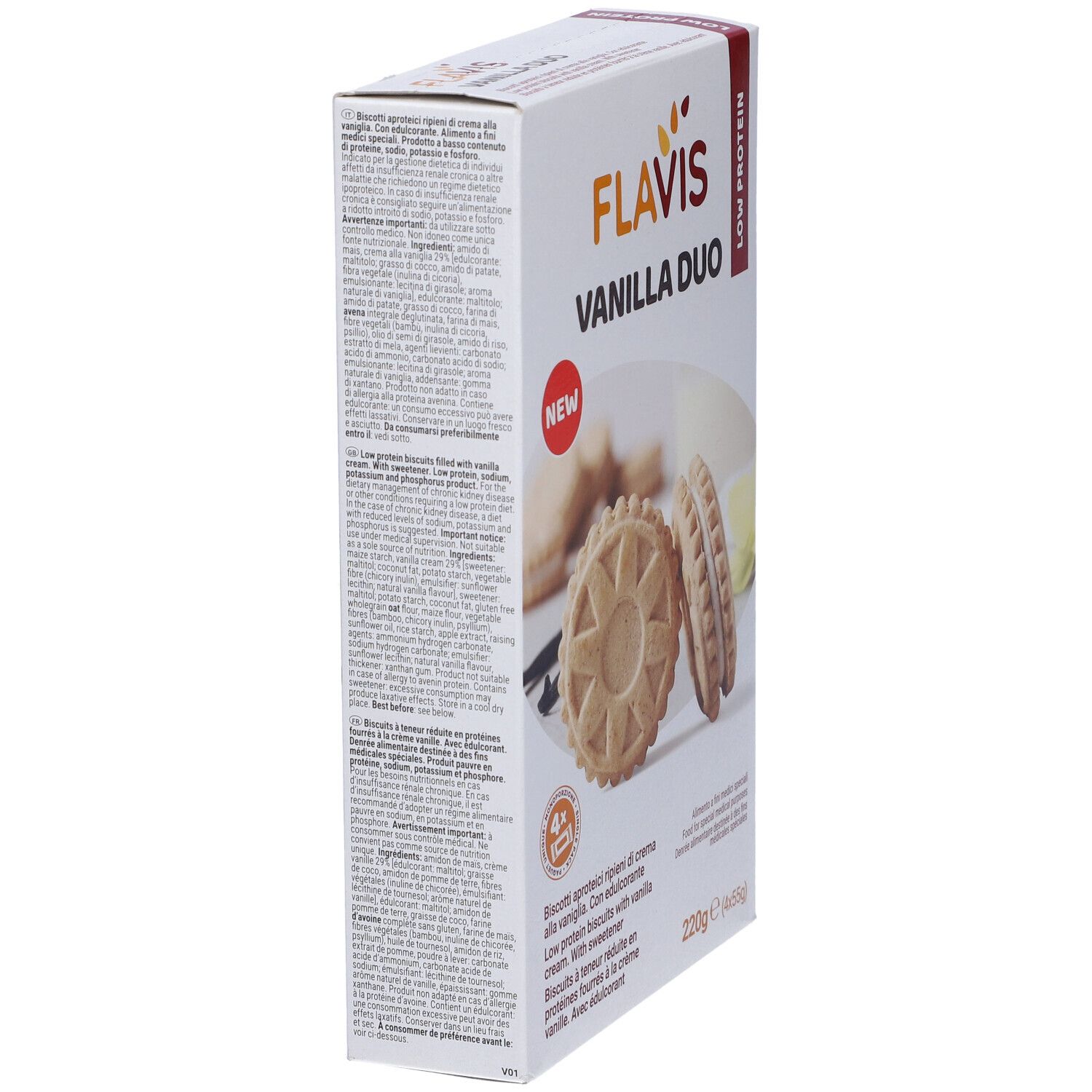 Confezione di Flavis Vanilla Duo. Scritta: Low Protein, 220g. Testo multilingue. Biscotti rappresentati.