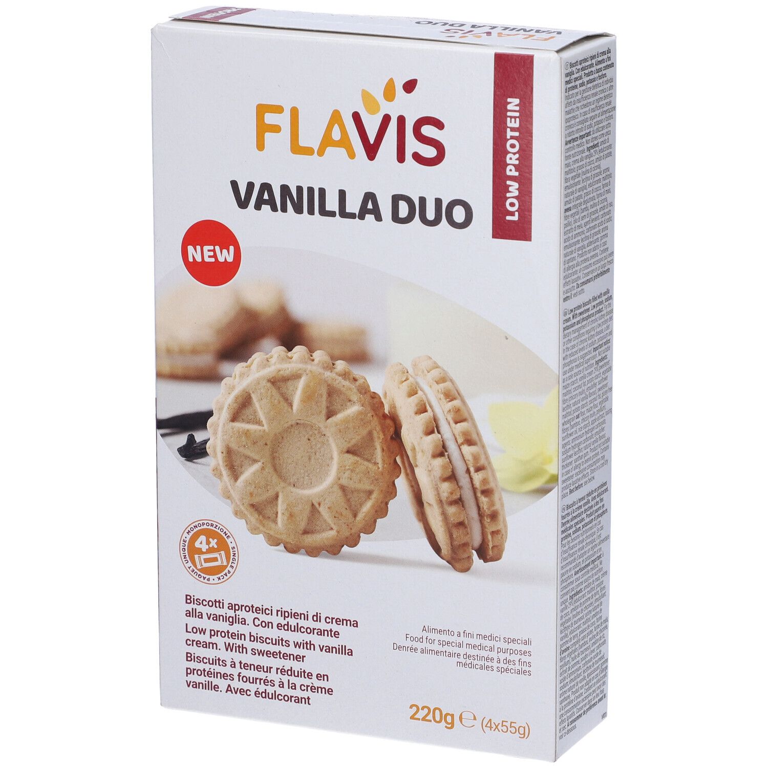 Confezione di Flavis Vanilla Duo. Scritta: Low Protein, 220g. Biscotti rappresentati. Con 'NEW'.