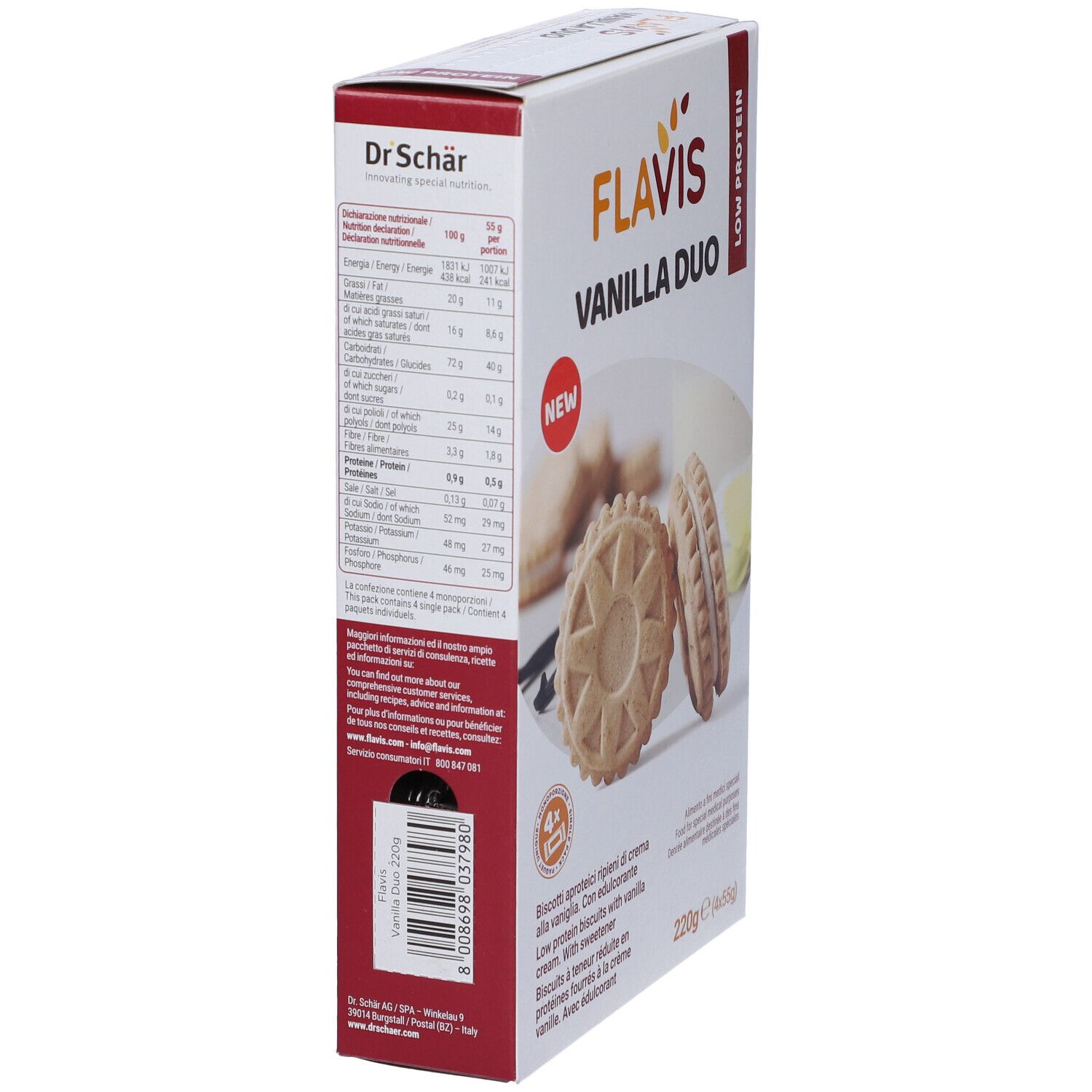 Confezione di Flavis Vanilla Duo. Scritta: Low Protein, 220g. Informazioni nutrizionali. Biscotti. Con 'NEW'.