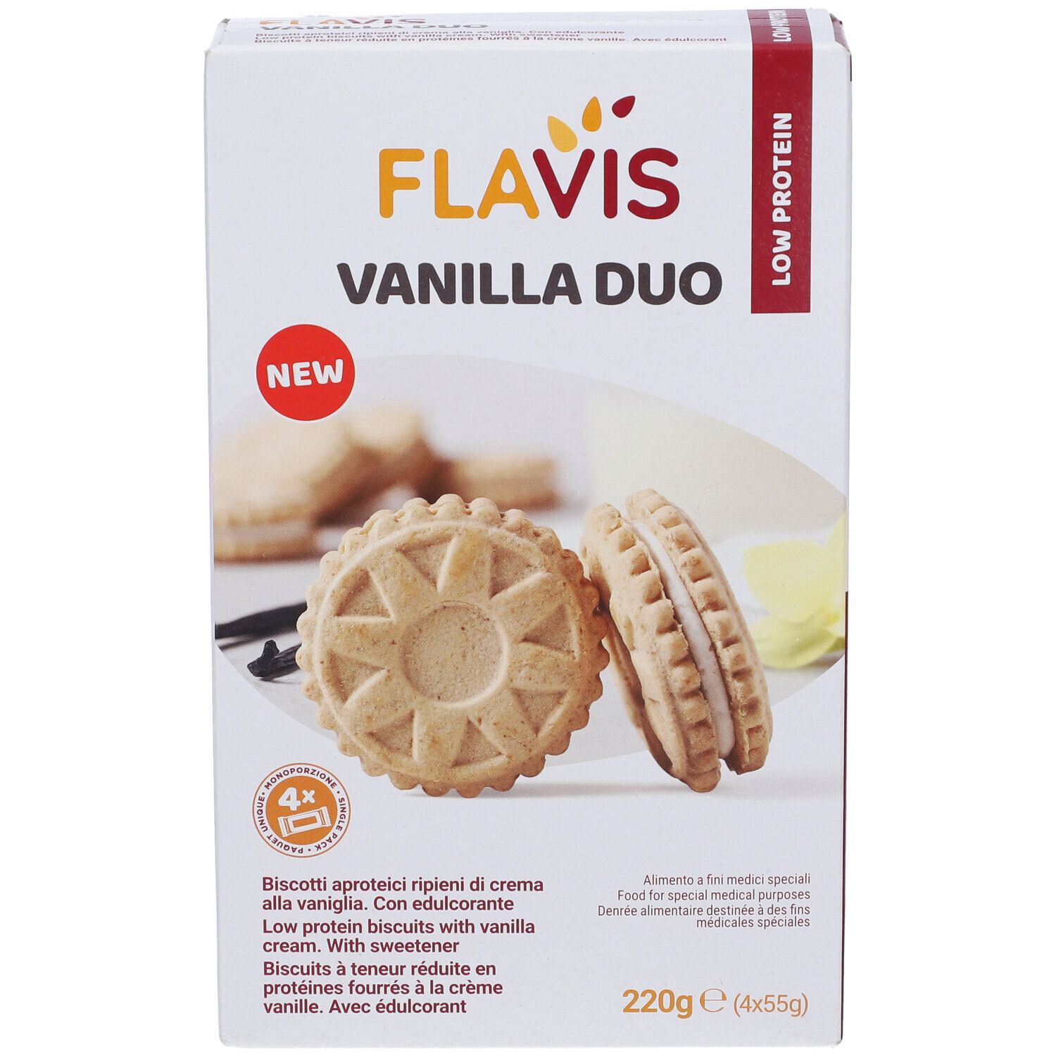 Confezione di Flavis Vanilla Duo. Scritta: Low Protein, 220g. Biscotti rappresentati. Con 'NEW'.