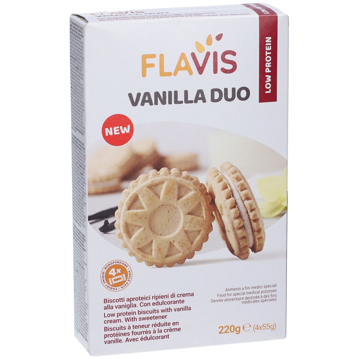 Confezione di Flavis Vanilla Duo. Scritta: Low Protein, 220g. Biscotti rappresentati. Con 'NEW'.