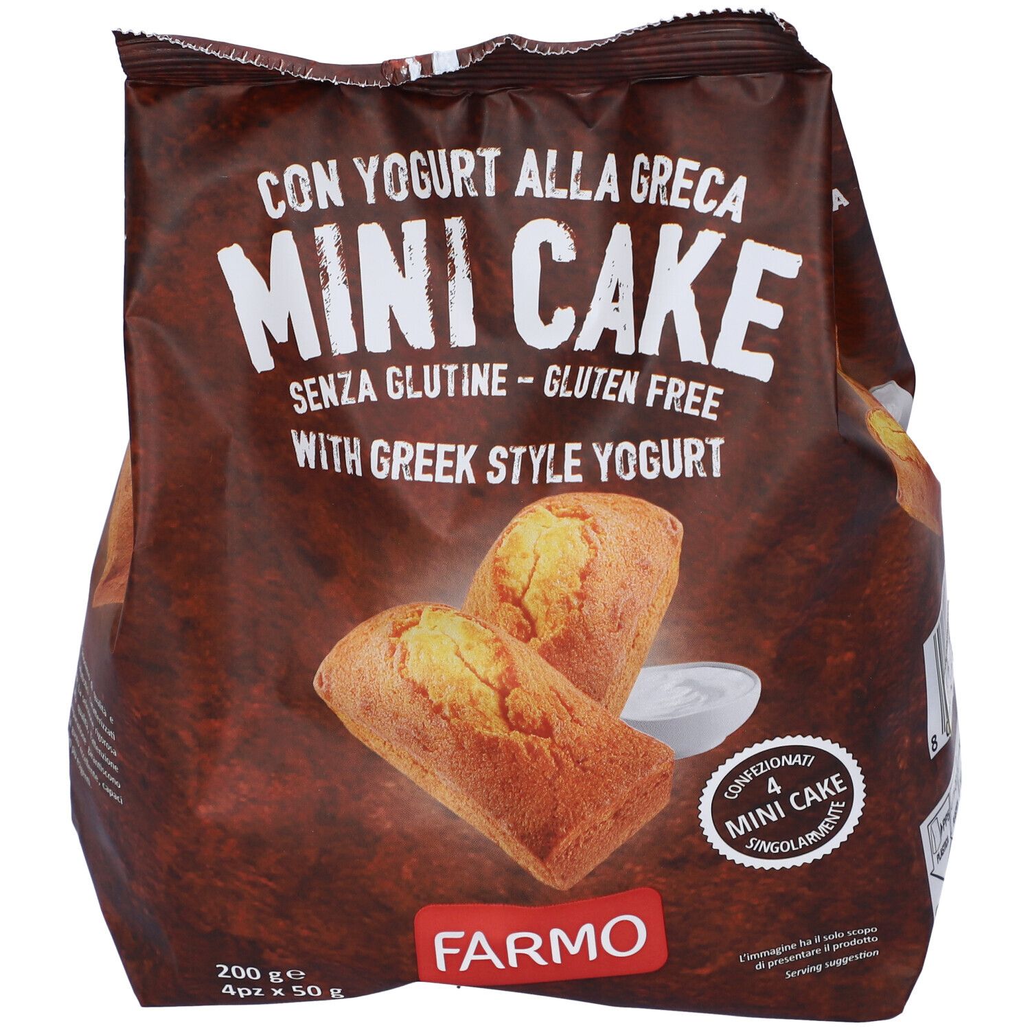 Vista frontale della confezione di Farmo Mini Cake con Yogurt alla Greca Senza Glutine. Confezione marrone con immagine del prodotto e testo.