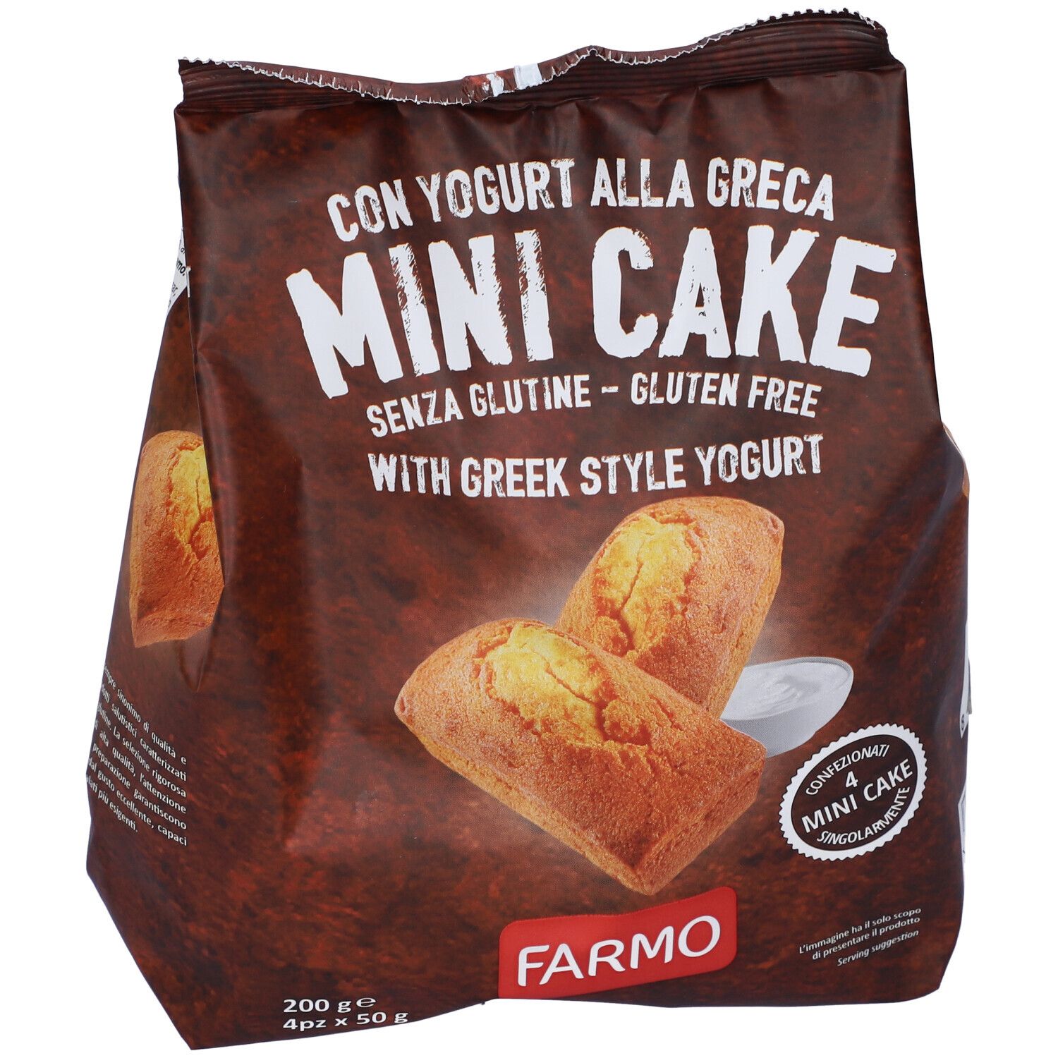 Vista frontale della confezione di Farmo Mini Cake con Yogurt alla Greca Senza Glutine. Confezione marrone con immagine del prodotto e testo.
