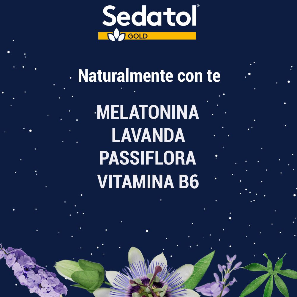 Elenco degli ingredienti: Melatonina, Lavanda, Passiflora, Vitamina B6. Logo Sedatol Gold in alto.