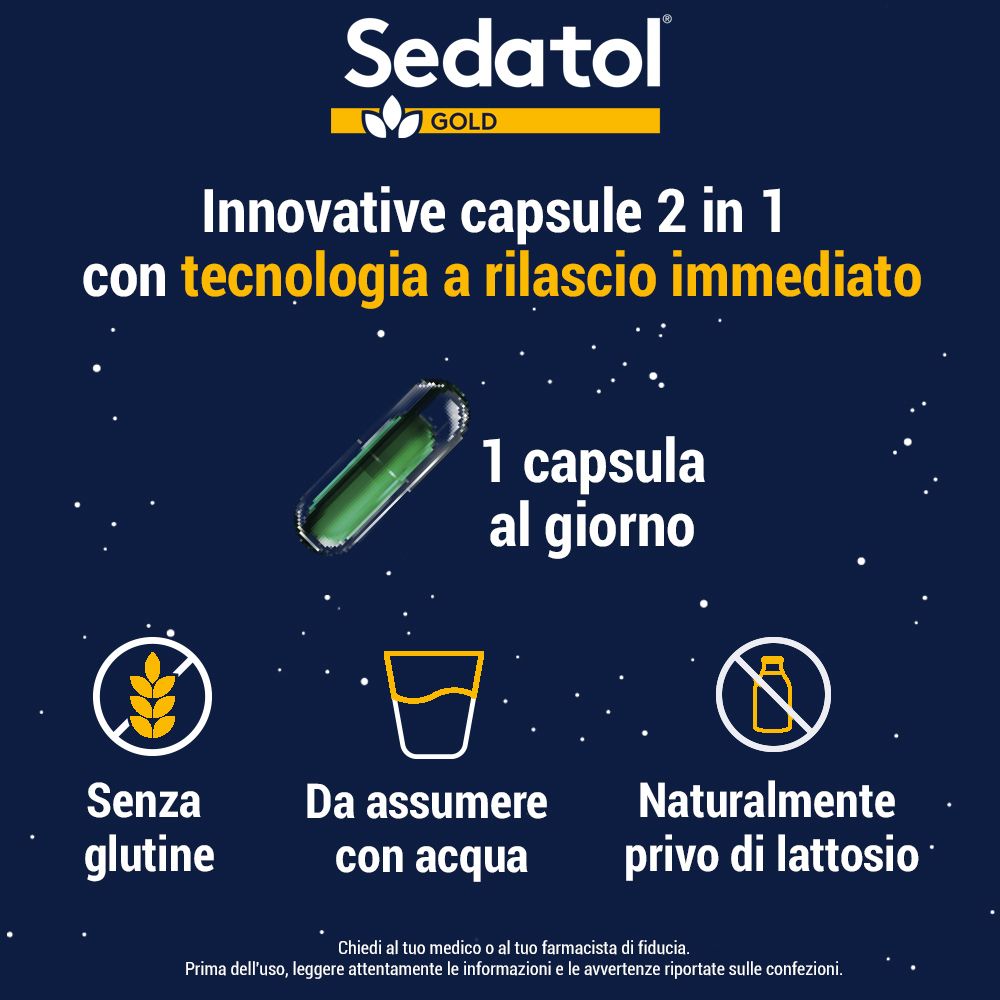 Capsula con testo: 1 capsula al giorno. Senza glutine, da assumere con acqua, naturalmente privo di lattosio. Logo Sedatol Gold.