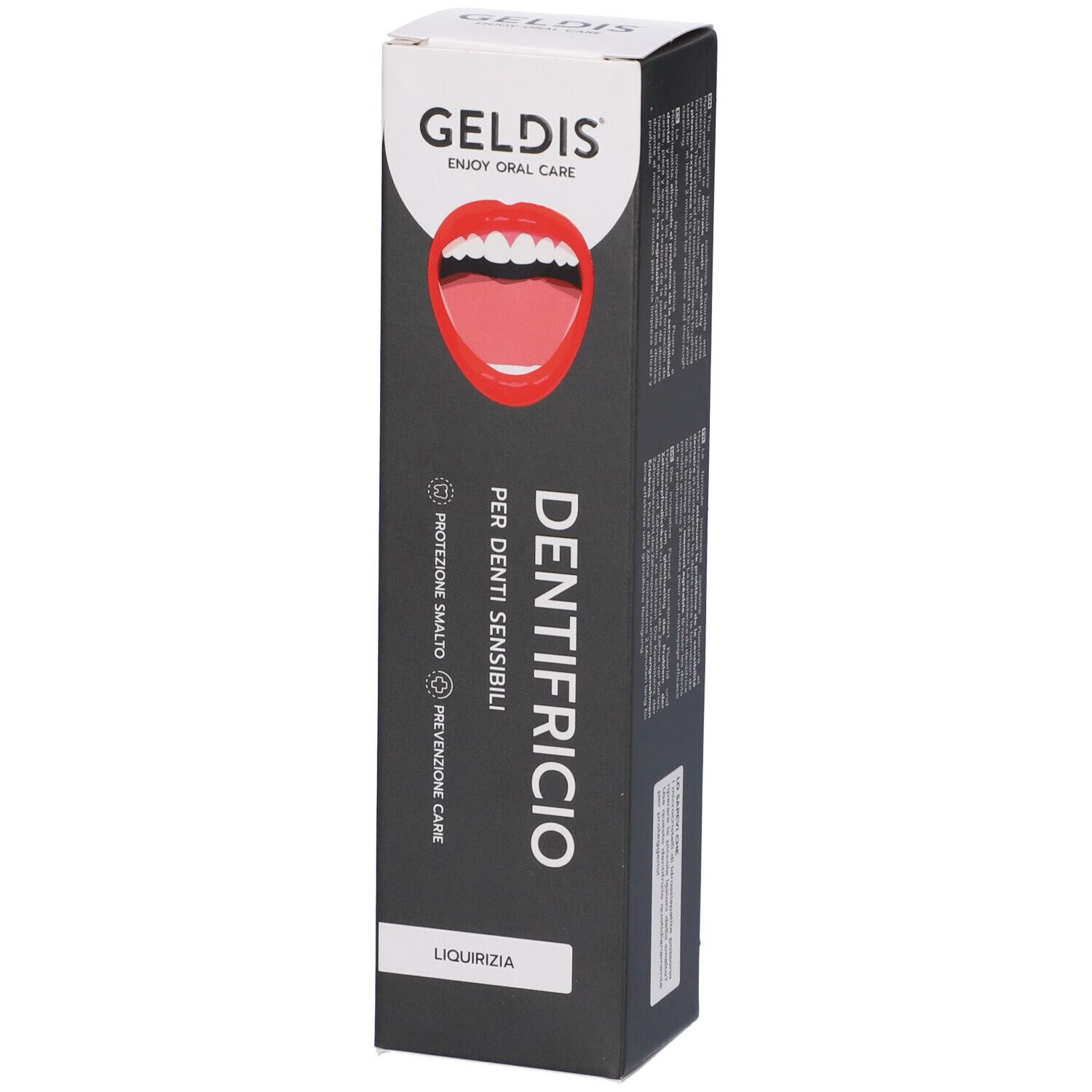 Scatola di dentifricio. Sfondo nero, logo bocca rossa. Testo: Dentifricio, per denti sensibili.
