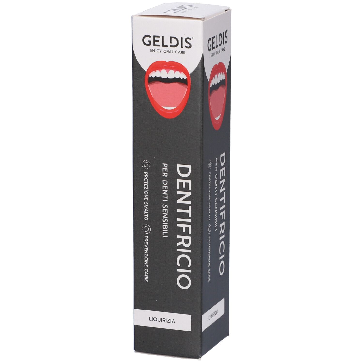 Scatola di dentifricio. Sfondo nero, logo bocca rossa. Testo: Dentifricio, per denti sensibili.