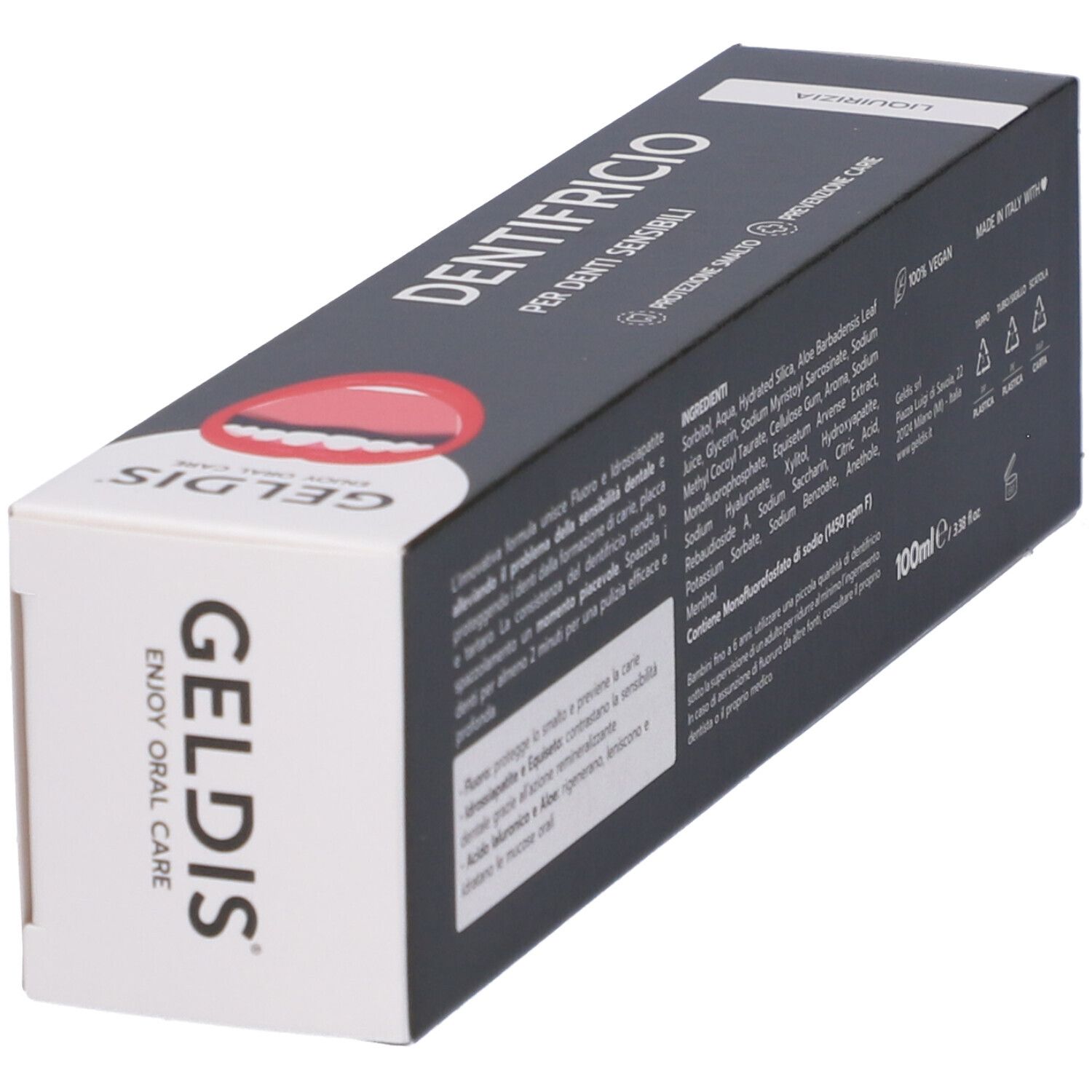 Scatola con testo e ingredienti. Sfondo nero, testo bianco. 100ml. Logo vegano.