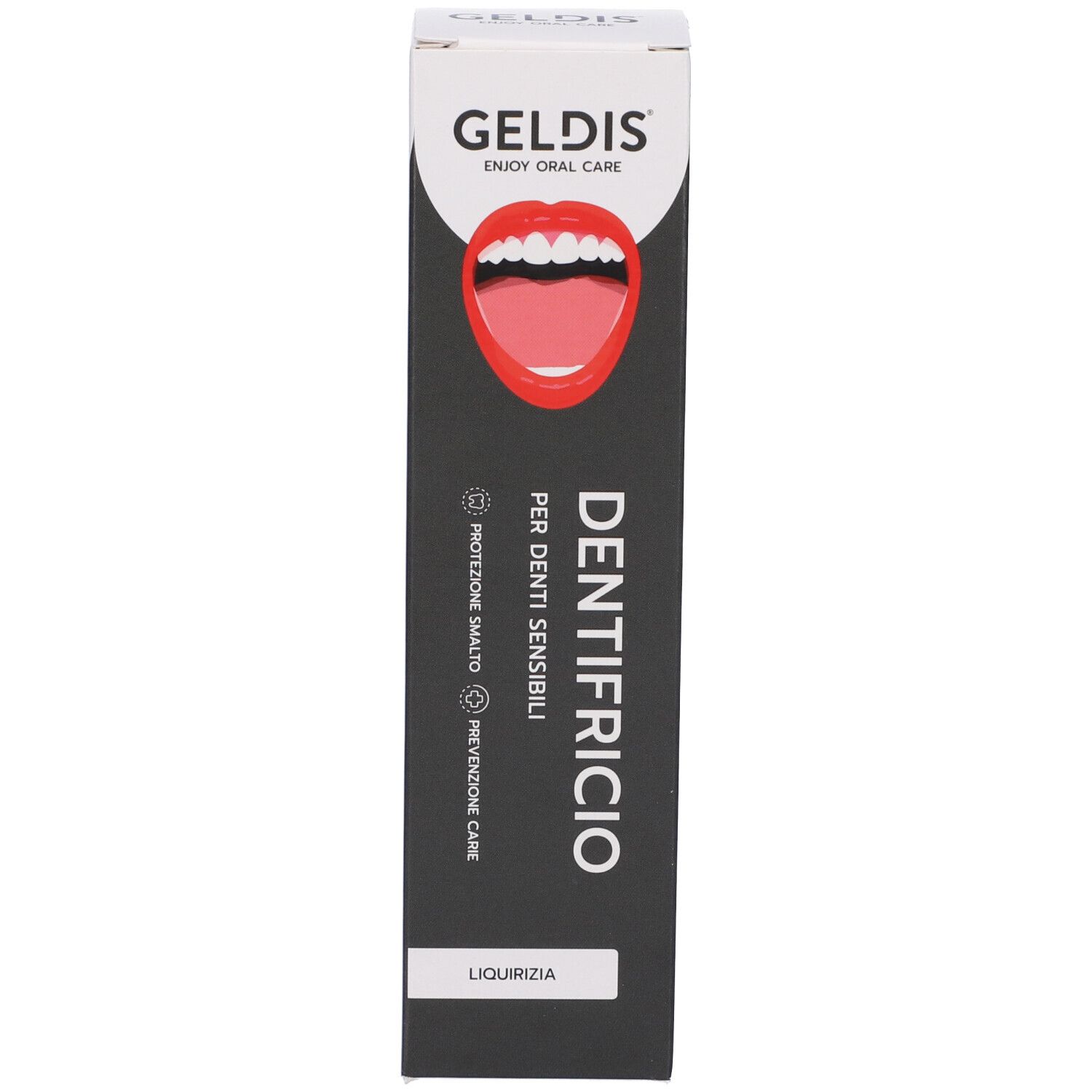 Scatola di dentifricio. Sfondo nero, logo bocca rossa. Testo: Dentifricio, per denti sensibili.