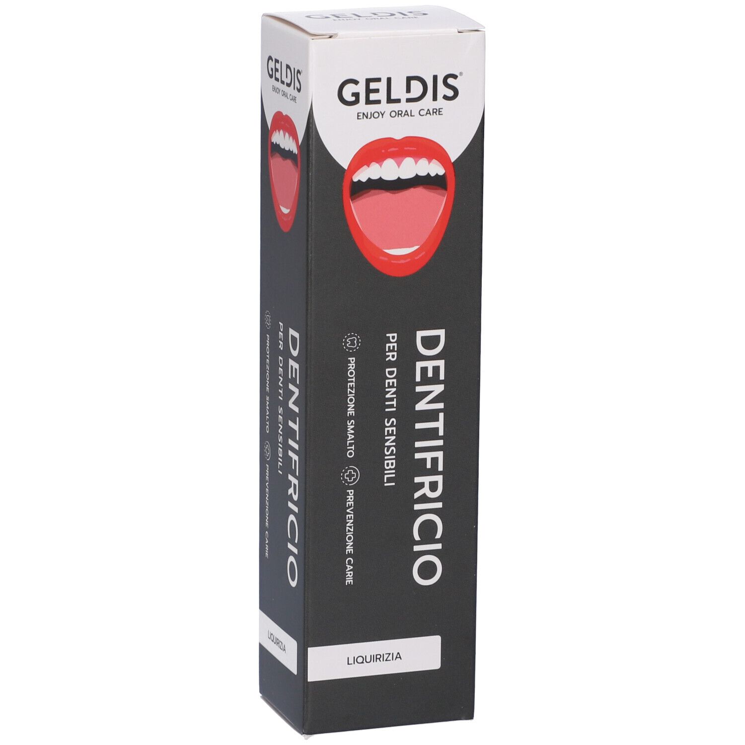 Scatola di dentifricio. Sfondo nero, logo bocca rossa. Testo: Dentifricio, per denti sensibili.