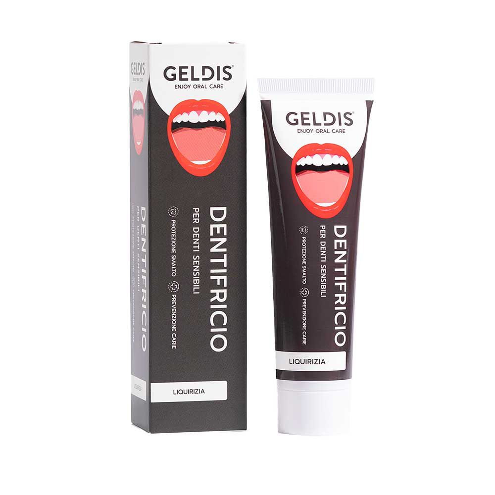 Tubo e scatola di dentifricio. Sfondo nero, logo bocca rossa. Testo: Dentifricio, per denti sensibili.